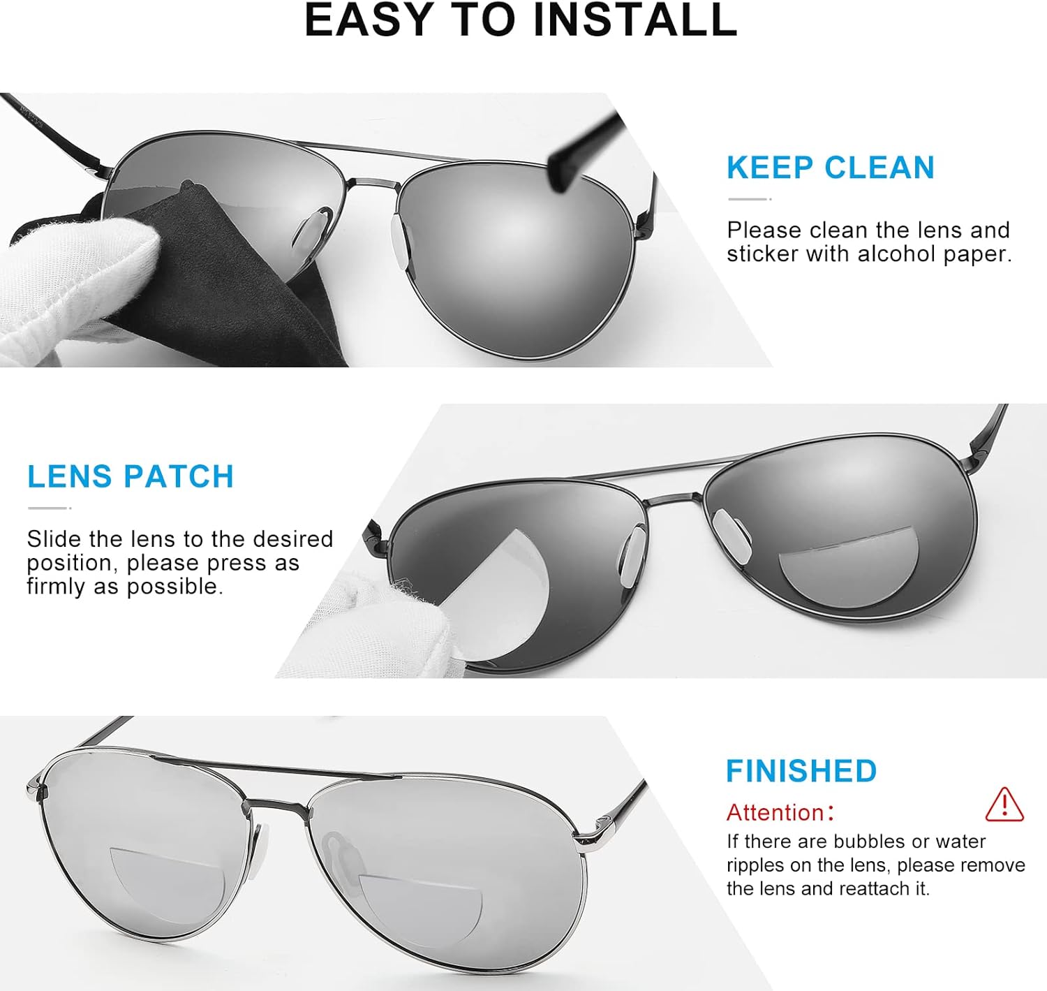OKH 2 Pack Stick-on Bifocal Lenses, Convert Sunglasses, Goggles, or Glasses into Magnified Readers, Reusable, No Water Needed