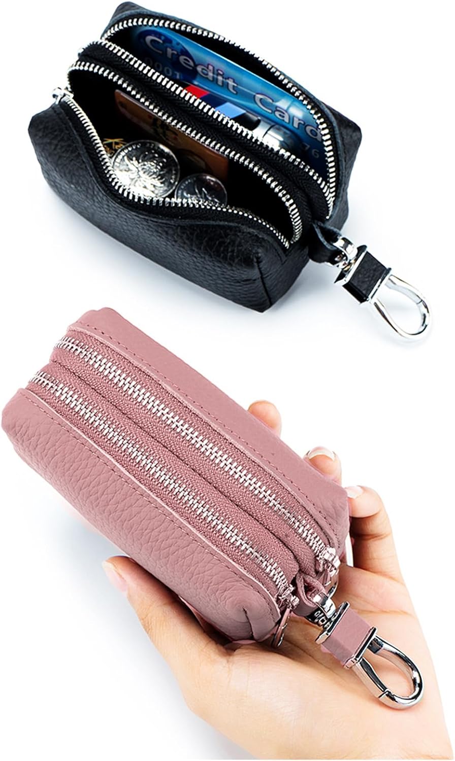 Guolich Car Key Chain Bag Double Zipper Leather Protection Key Coin Holder Keyring for Car Key Remote Control