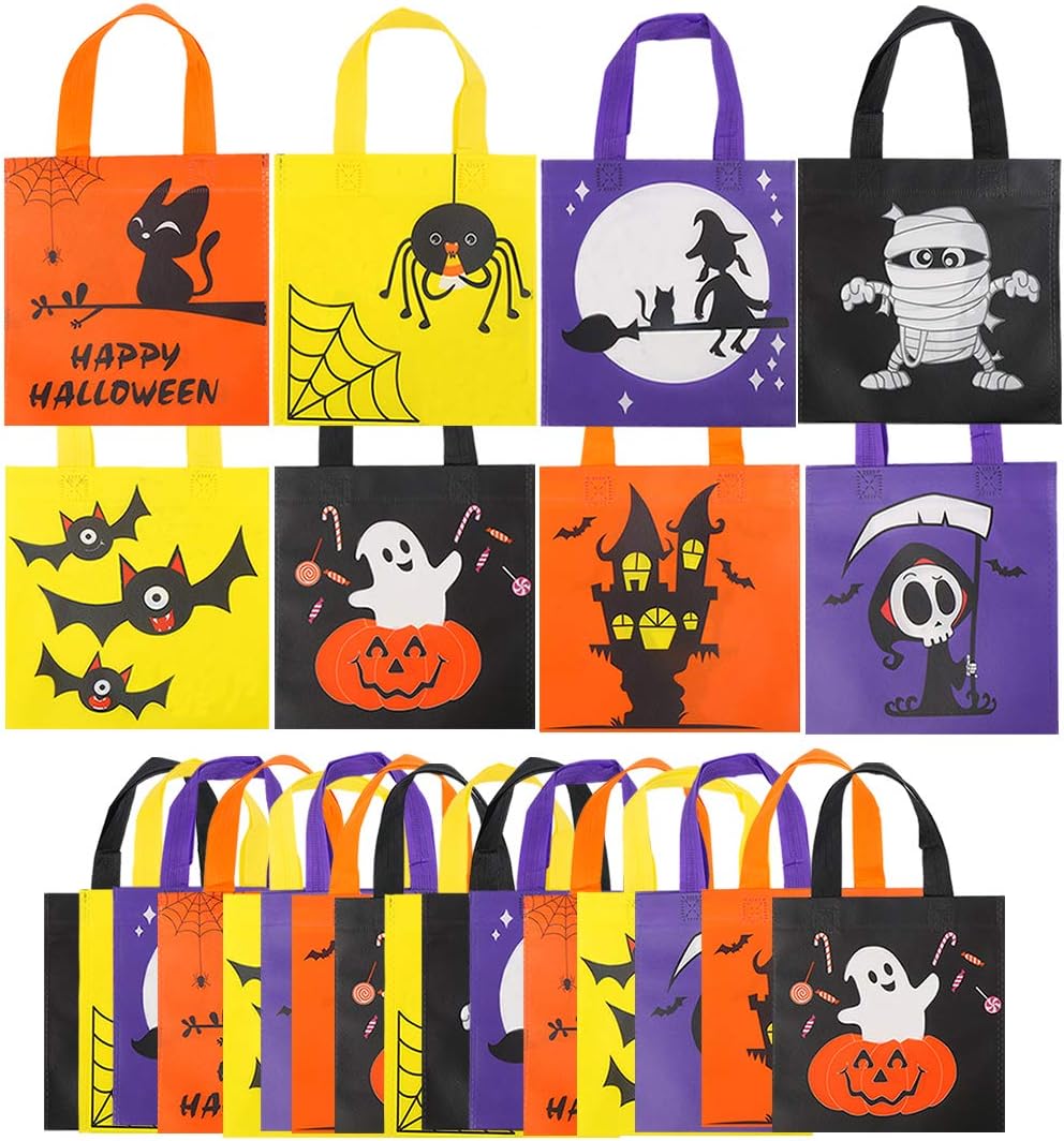 CCINEE 24 bolsas de Halloween no tejidas para golosinas, 8 bonitos patrones de Halloween, bolsas de fiesta con asas para niños, suministros de