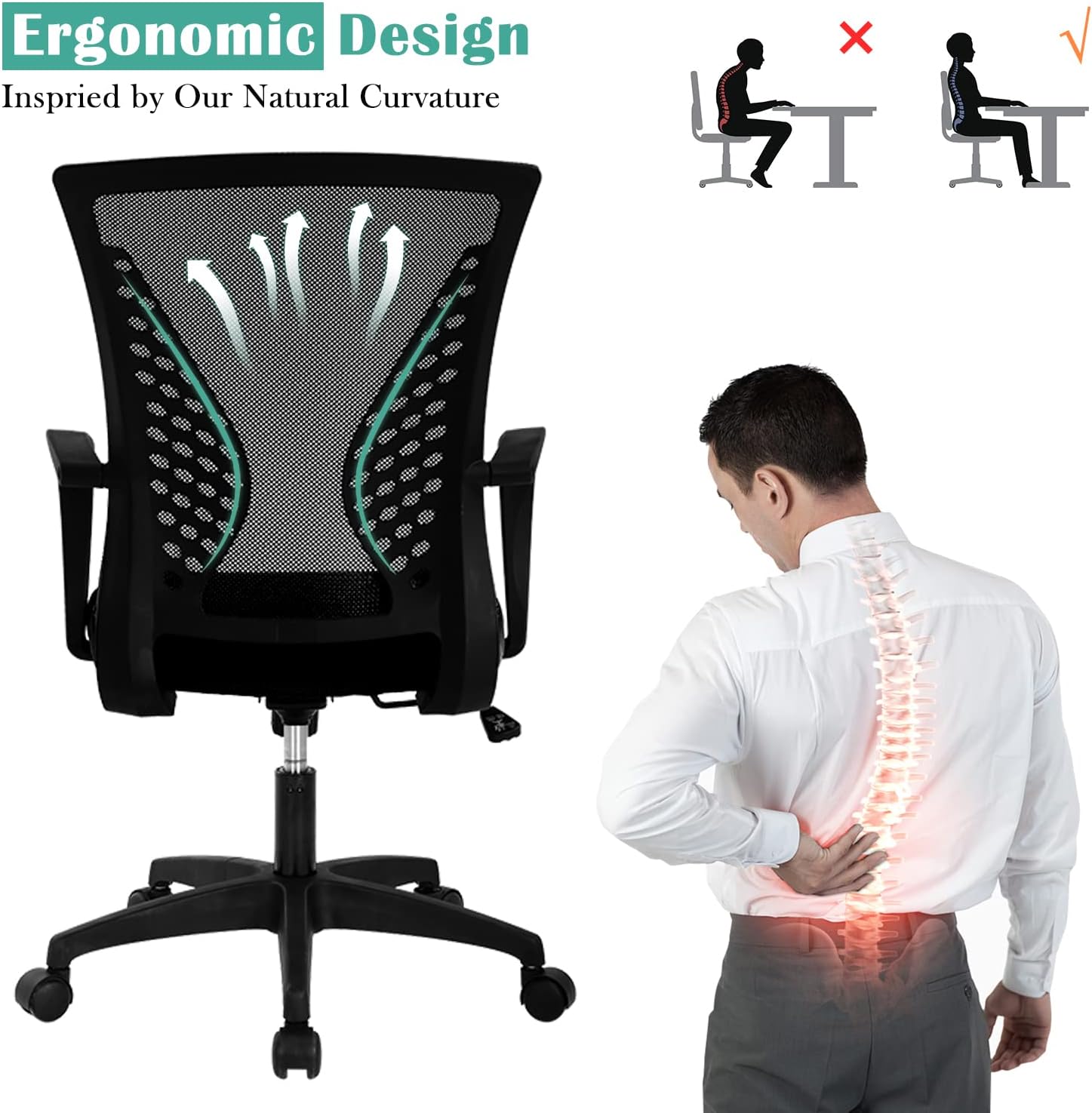 Silla de oficina en casa, silla de escritorio ergonómica, respaldo medio, silla de computadora de PC con soporte lumbar y reposabrazos, silla de