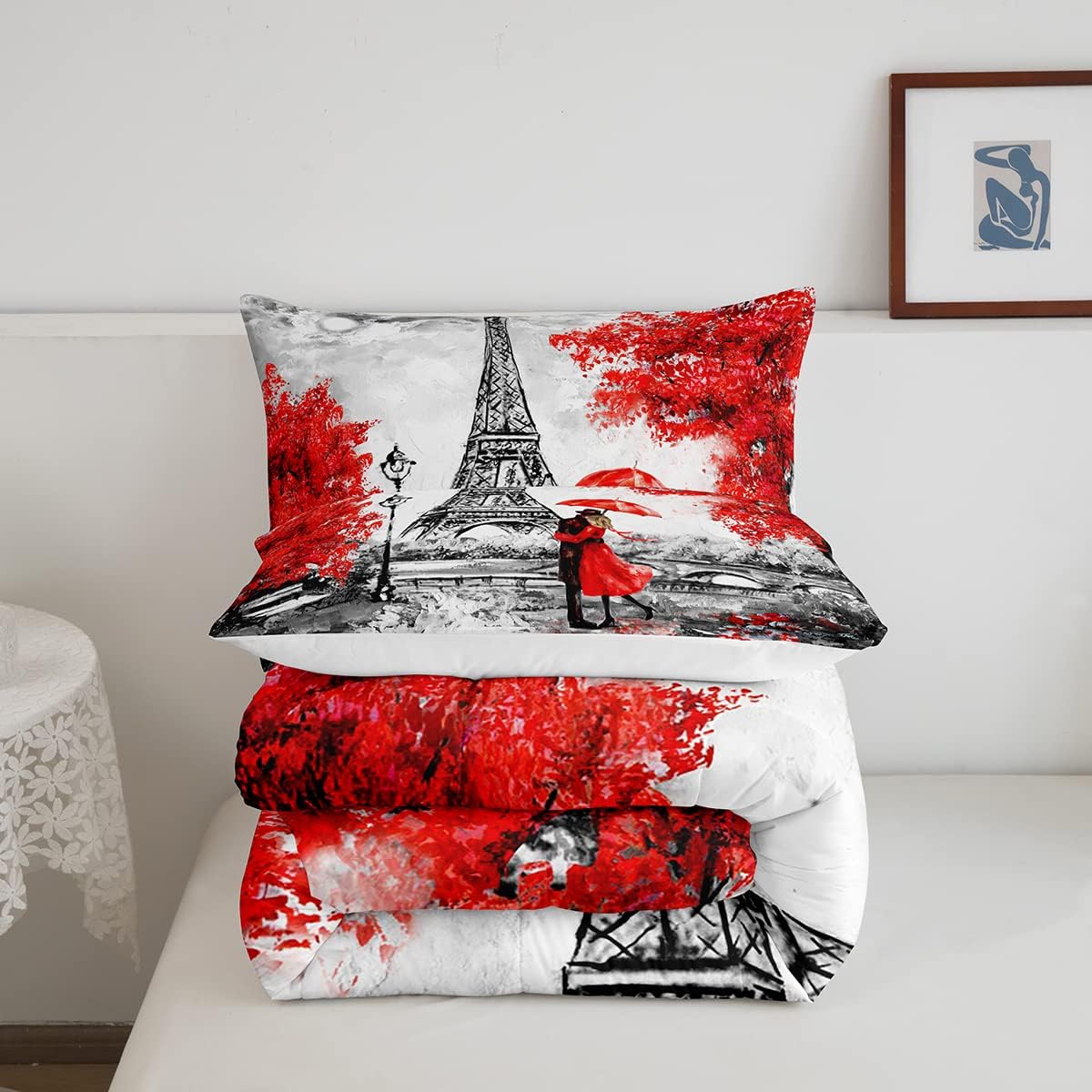 Castle Fairy Juego de edredón de la Torre Eiffel, tamaño King, juego de ropa de cama de estilo francés emblemático de París para niñas y