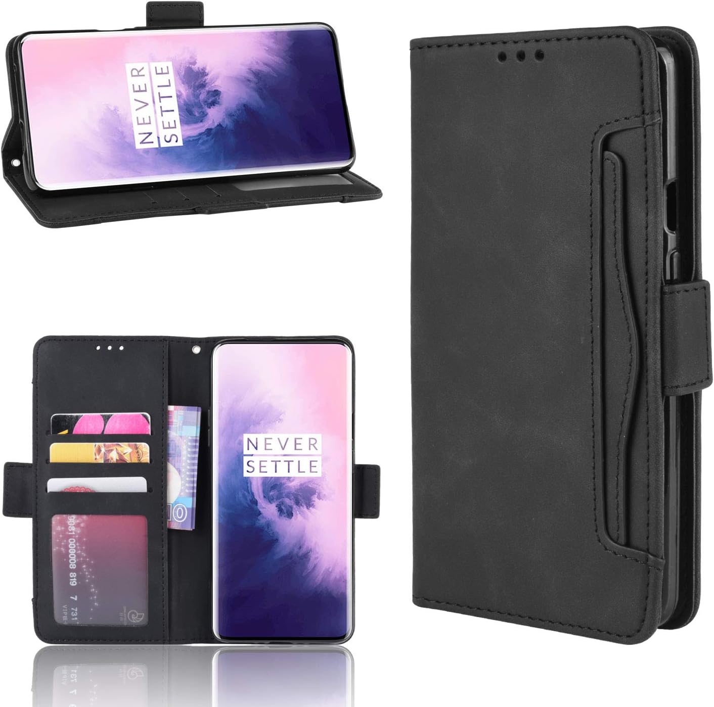 Asuwish Funda tipo cartera compatible con OnePlus 7 Pro y protector de pantalla de vidrio templado, con ranura para tarjetero, función atril, con
