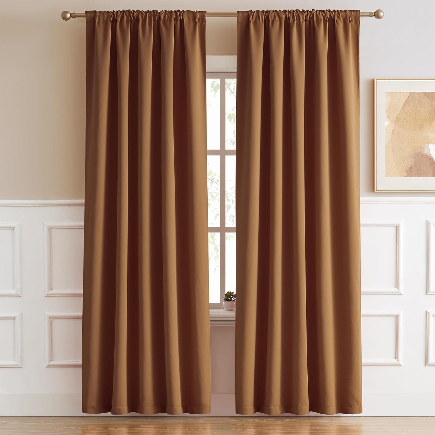 DUALIFE – Juego de 2 paneles de cortinas de estilo bohemio, plisadas, de mediados de siglo, con trabilla trasera, marrón caramelo, roble dorado,