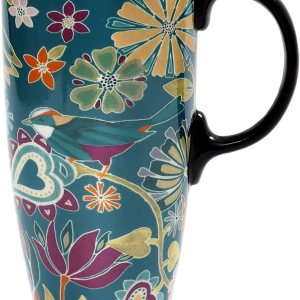 Topadorn Taza de cerámica para café, taza de té de porcelana con tapa, 17 oz, sinfonía floral, pájaro verde Topadorn Taza de cerámica para café, taza de té de porcelana con tapa, 17 oz, sinfonía floral, pájaro verde
