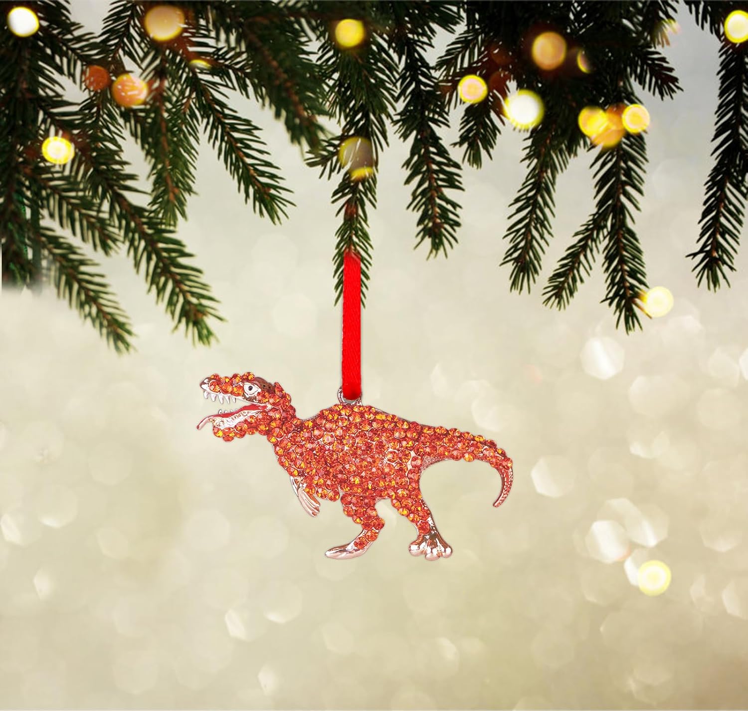 WaaHome Adornos de Navidad de dinosaurio de metal, adornos de recuerdo de dinosaurio naranja para decoraciones de árbol de Navidad, decoración de