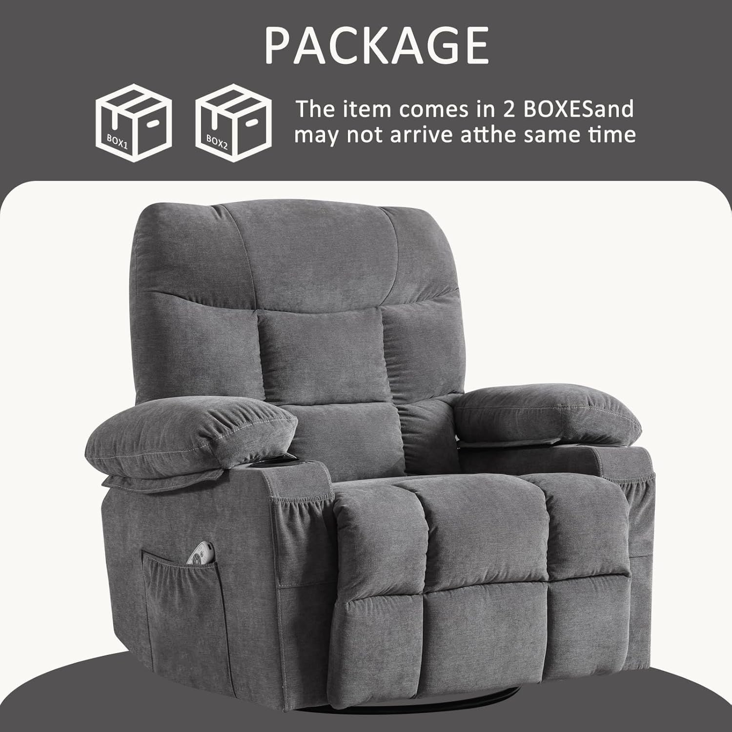 Rocker – Silla reclinable giratoria con masaje por vibración para sala de estar con función de balanceo y bolsillo lateral, 2 portavasos, puerto de