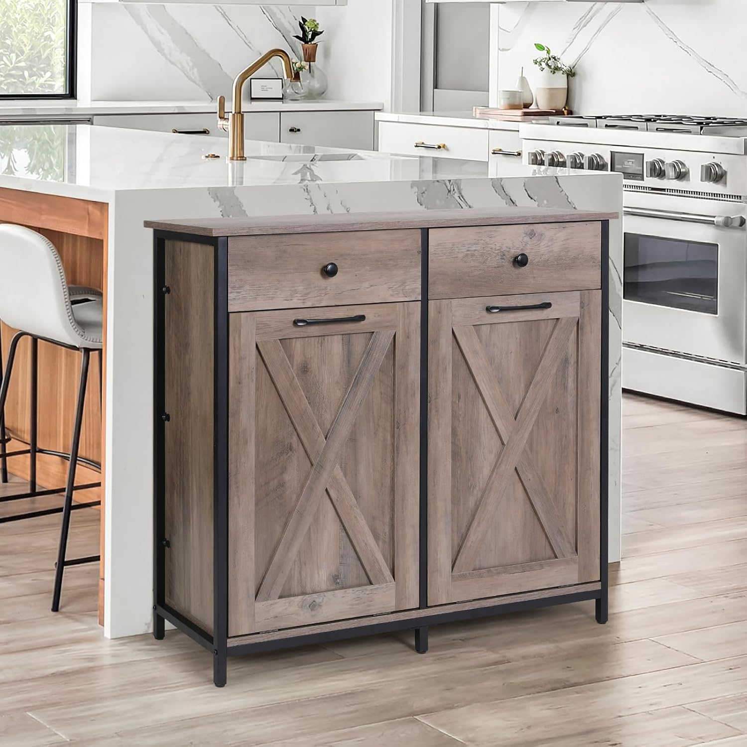 Arlopu Gabinete de basura de doble inclinación, gabinete de reciclaje extraíble de cocina de 20 galones, gabinete clasificador de ropa de madera
