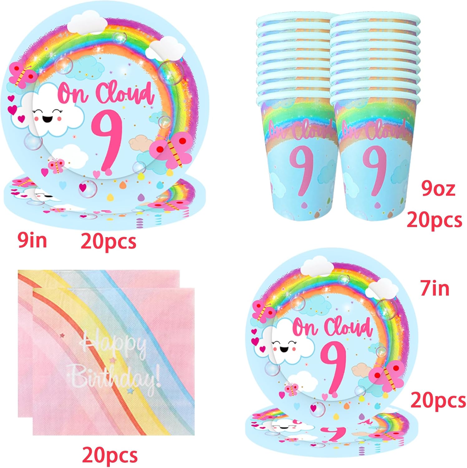 On Cloud – Decoraciones de cumpleaños 9 para niñas, platos y servilletas de cumpleaños de 9 años On Cloud, decoraciones de 9 cumpleaños para niñas,