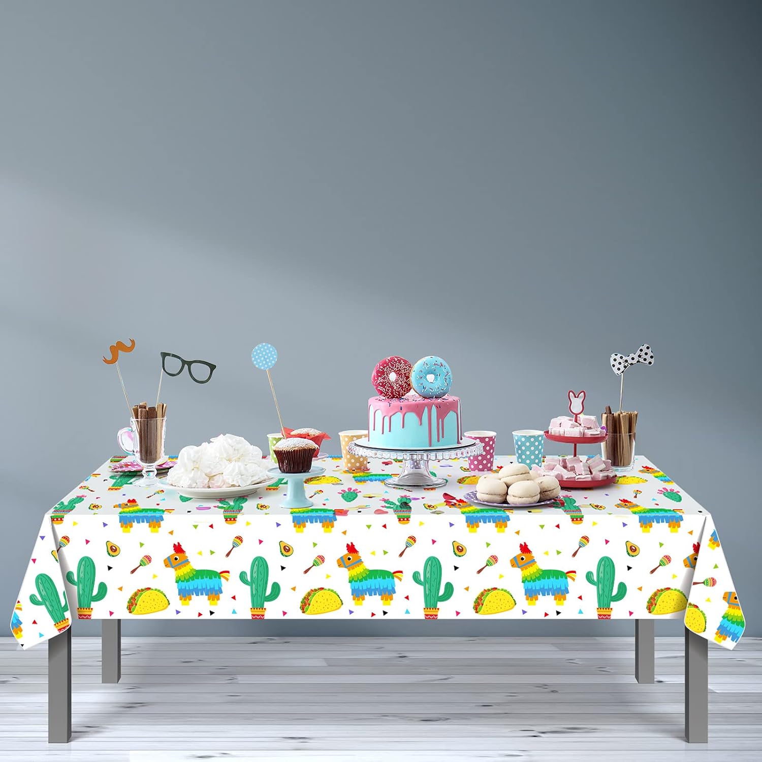 3 manteles de decoración de mesa del Cinco de Mayo, suministros para fiesta de cumpleaños mexicana, accesorios de regalo, cactus y tacos de plástico