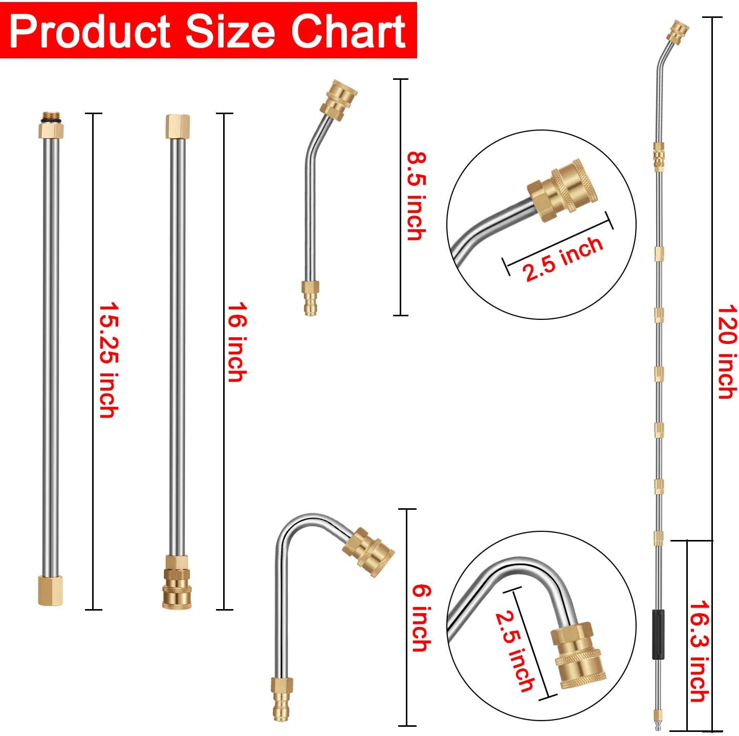 7 varillas de extensión para lavadora a presión de 10 pies, 2 varillas curvadas de 30 o 120 grados, 6 puntas de boquilla de pulverización y 10