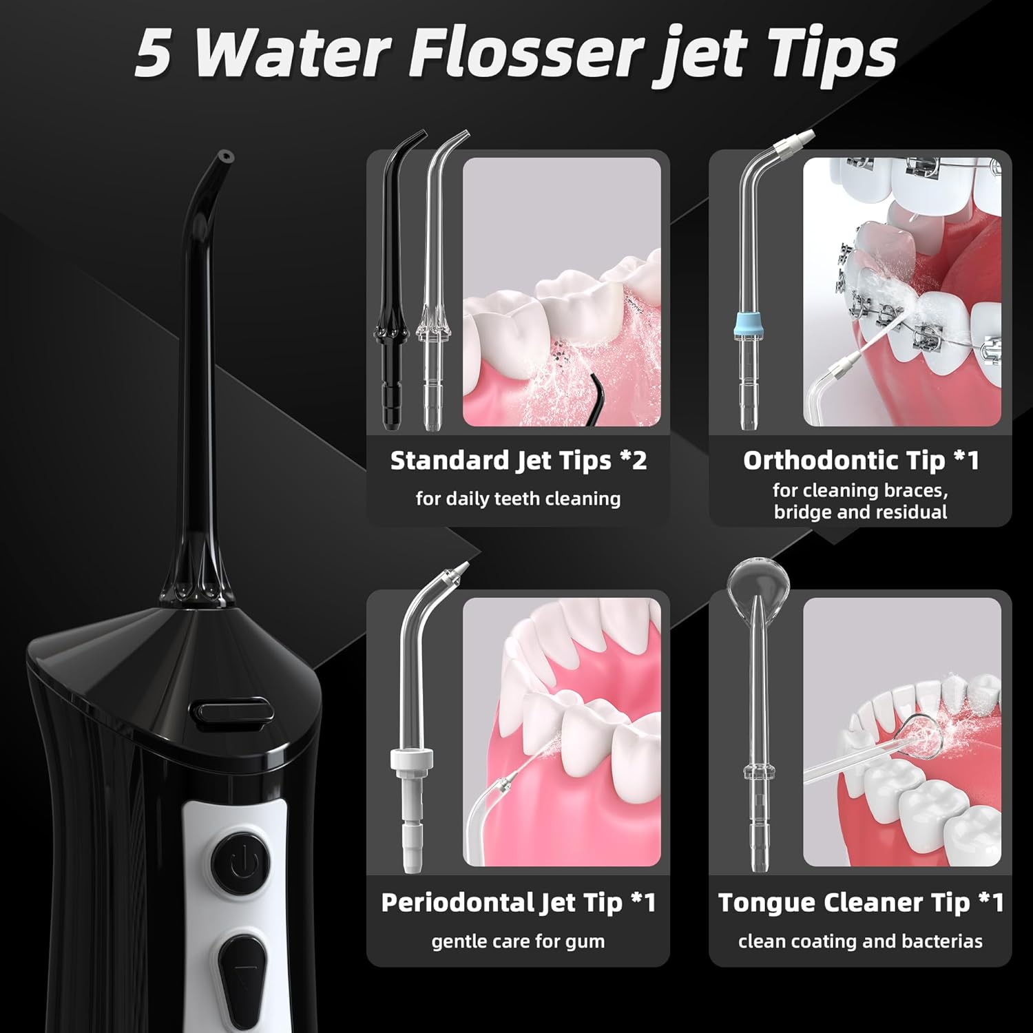 Irrigador dental inalámbrico, portátil, limpiador de dientes inalámbrico, 10.1 fl oz, 5 modos, IPX7 impermeable con 4 puntas de hilo dental,