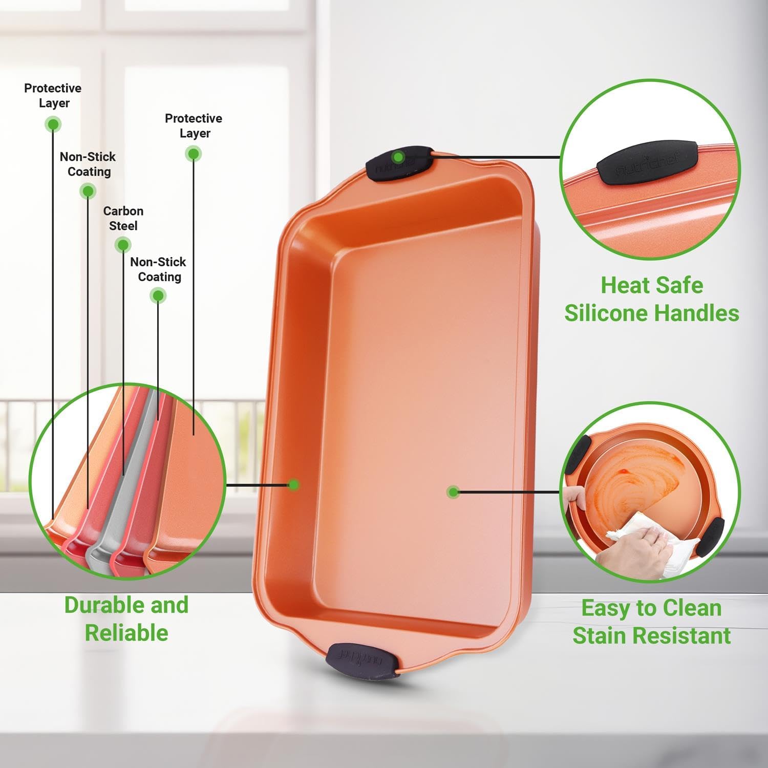 NutriChef Juego de 8 sartenes para hornear, antiadherentes de acero al carbono con asas de silicona resistentes al calor, incluye molde para pan,