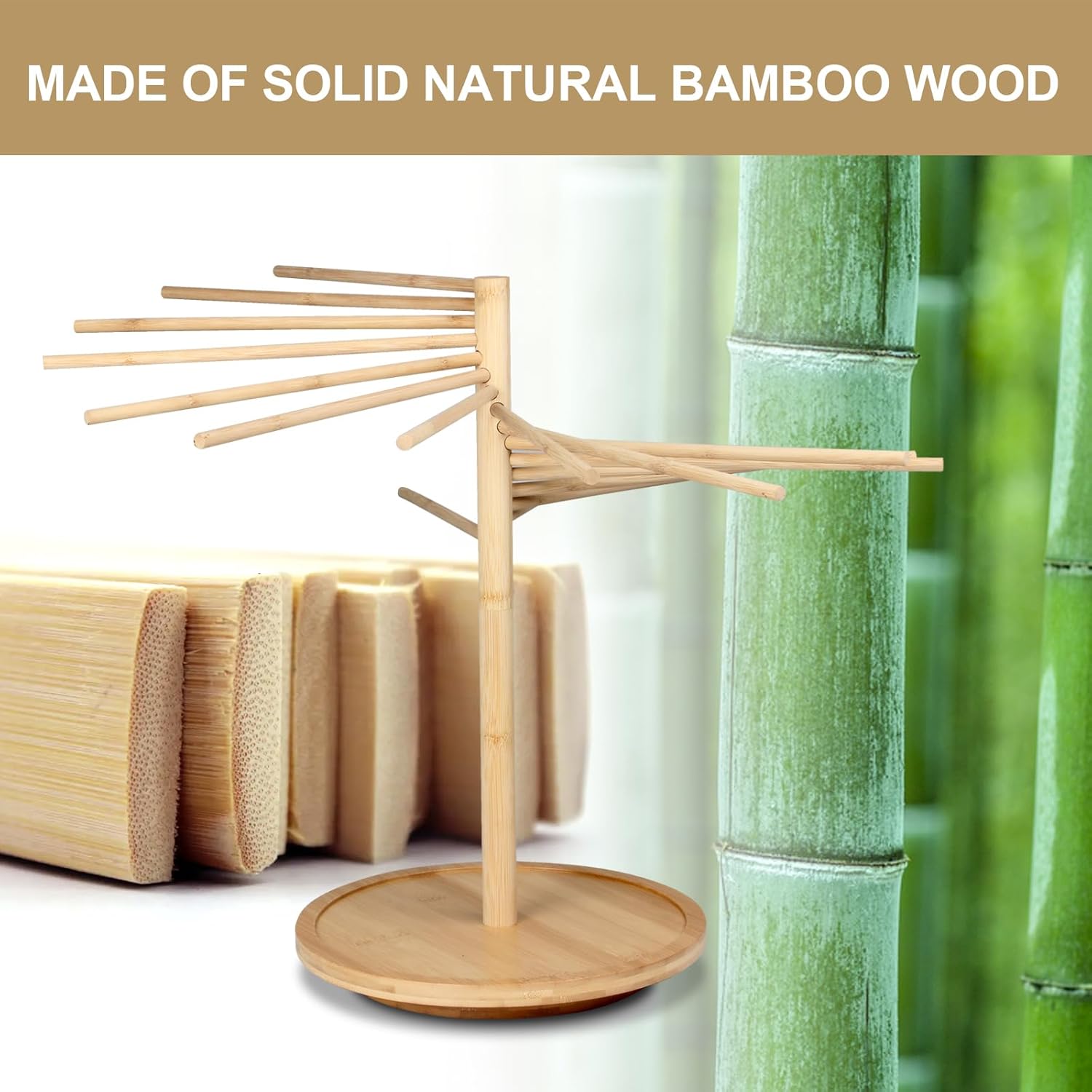 Kcgani Estante de secado plegable para pasta, estante de secado para fideos con bandeja giratoria, soporte grande de madera de bambú para secadora