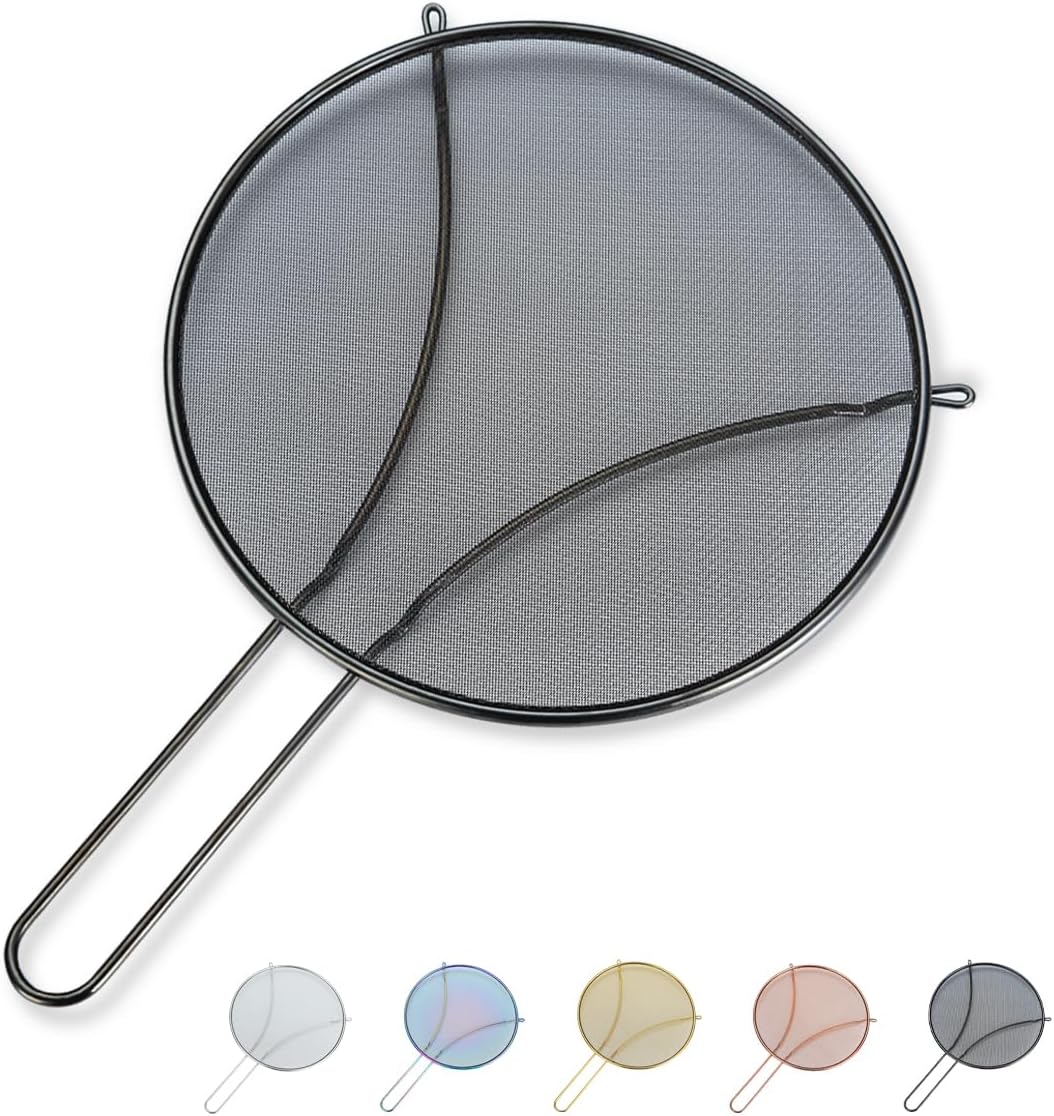Pantalla negra contra salpicaduras para cocinar, malla fina de acero inoxidable de 9.8 pulgadas para sartén, protector de grasa para sartén para