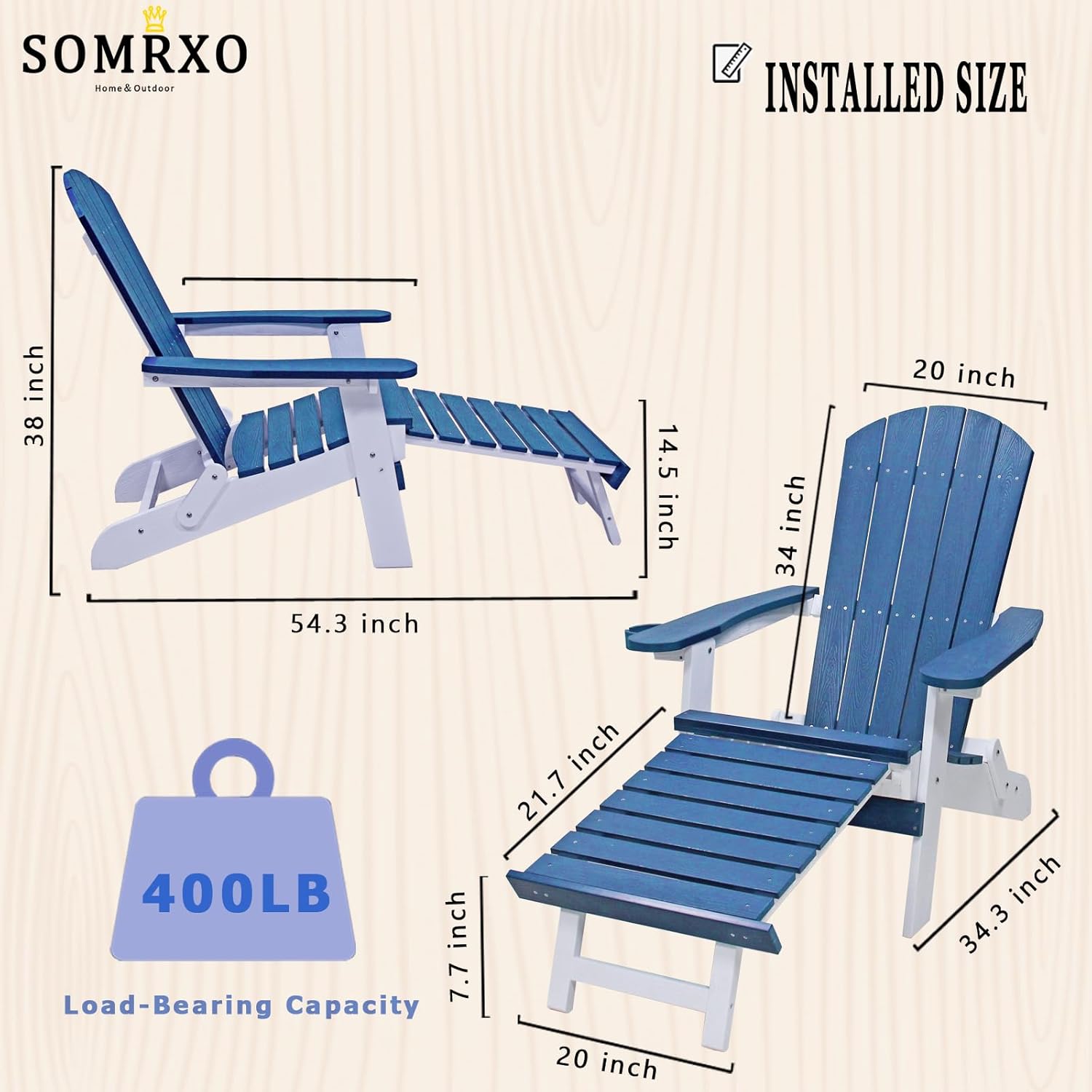 SOMRXO – Sillas Adirondack de plástico con otomana plegable, silla Adirondack plegable con portavasos, silla para hoguera, silla de patio al aire