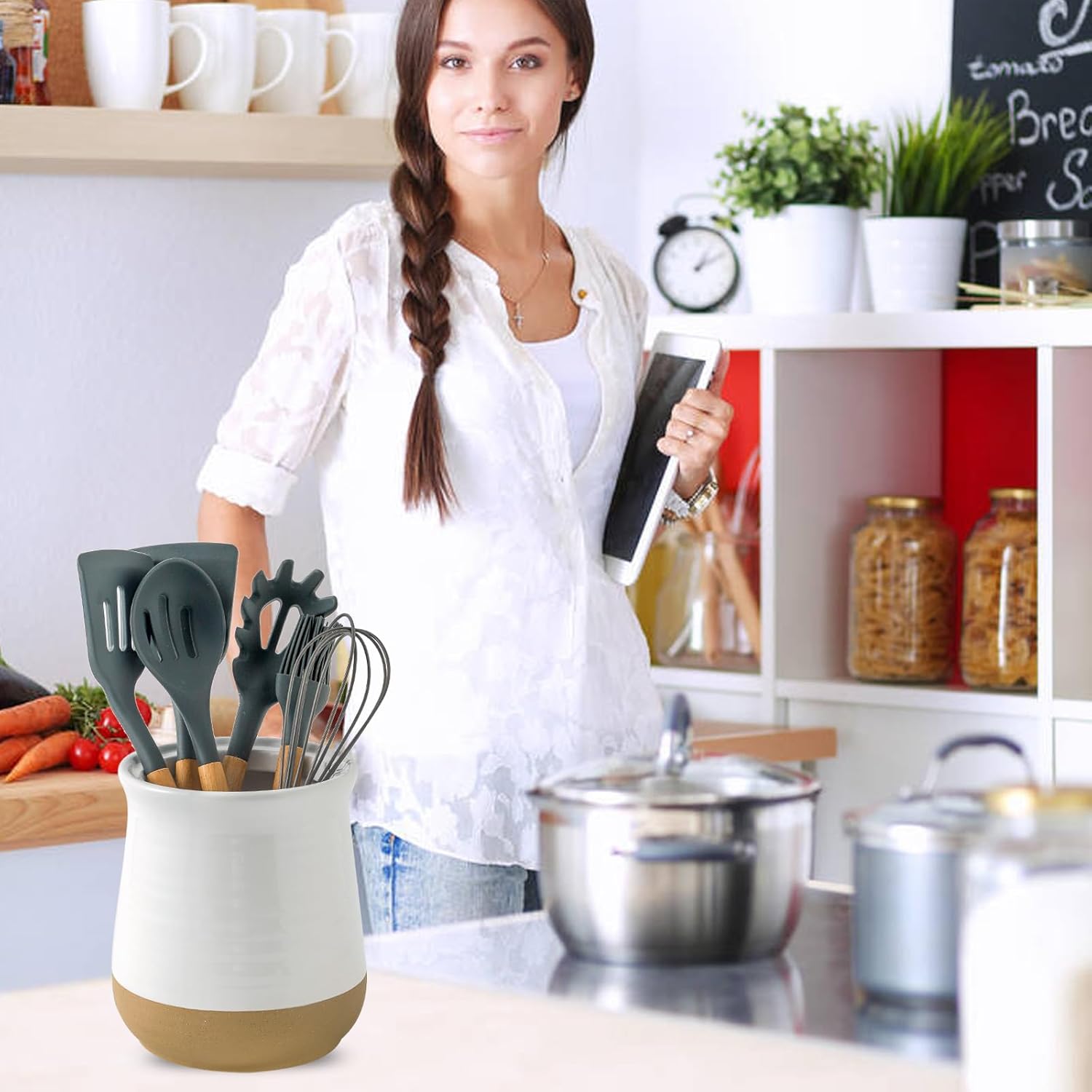 Hasense Soporte grande para utensilios de cocina, soporte para utensilios de cocina blanco para encimera de cocina, organizador de utensilios de