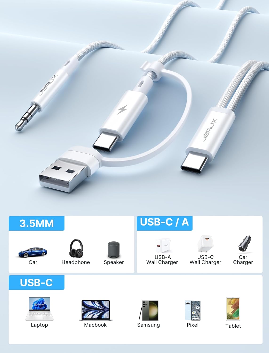 JSAUX Cable de carga y auriculares USB C a 0.138 in, conector USB C a audio auxiliar 2 en 1 con PD de 60 W de carga rápida compatible con iPhone 15