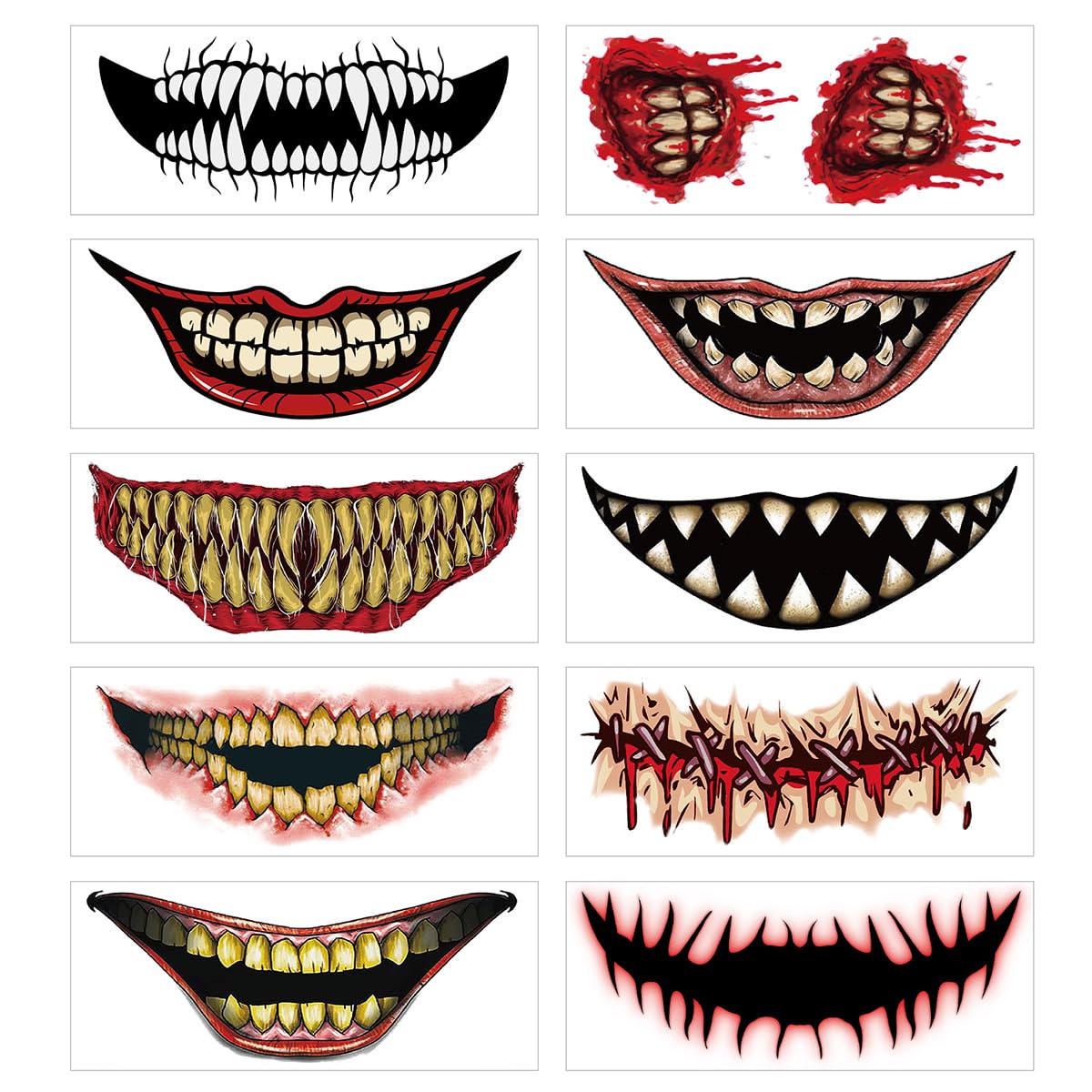 10 hojas de calcomanías temporales de Halloween para tatuajes de broma, para la cara, calcomanías temporales de boca de payaso de terror, heridas de