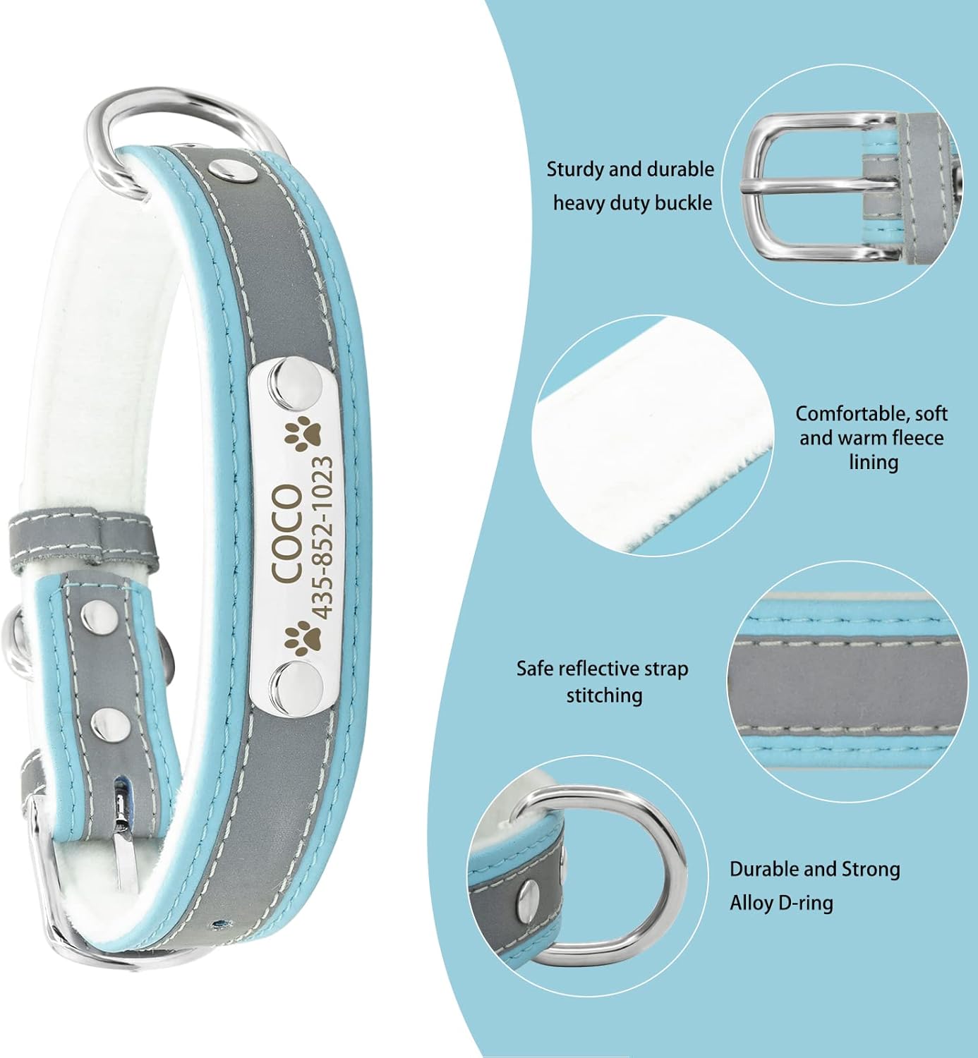 Juego de collar y correa reflectante personalizado para perro, collar de perro de cuero personalizado con placa de nombre, collares de perro