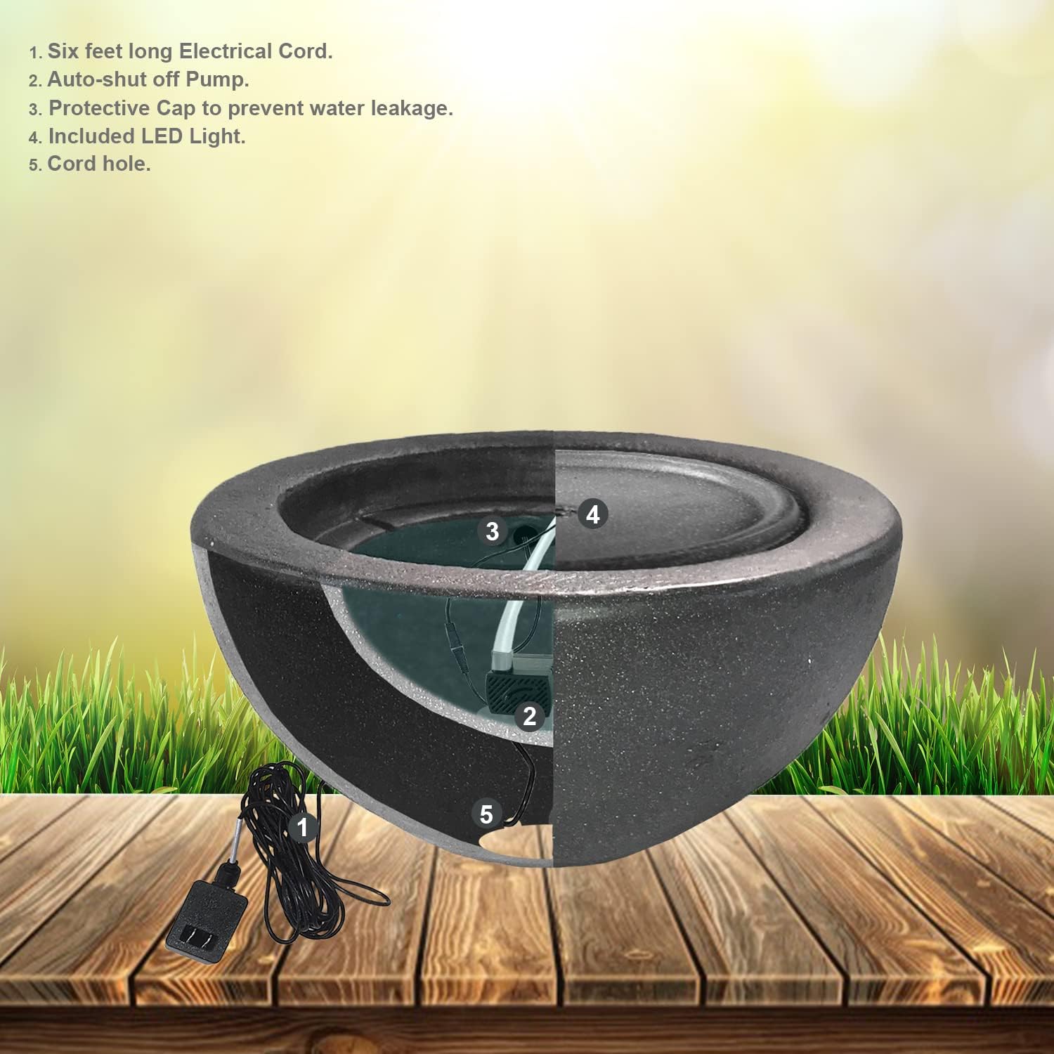 XBrand GE2010FTBK – Fuente de agua redonda con luz LED para interiores y exteriores, 10 pulgadas de alto, color gris