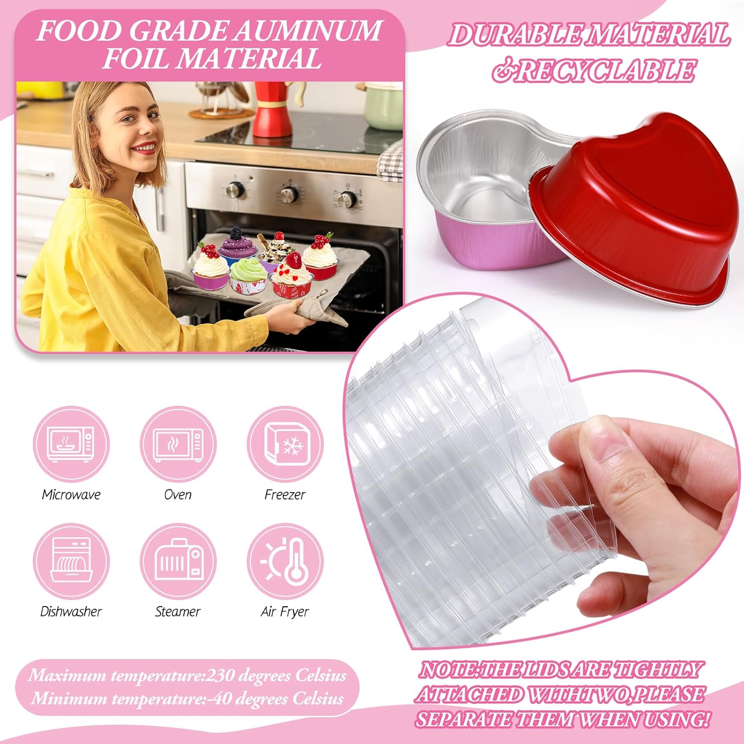 Juego de 100 moldes para tartas en forma de corazón de 3.4 onzas con tapas de aluminio, mini moldes desechables para tartas, moldes para hornear con