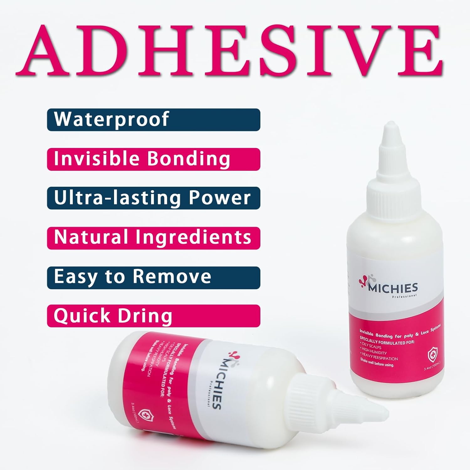 MICHIES Pegamento de encaje para peluca, 3.4 oz (3.4 fl oz), pegamento invisible para peluca, pegamento para cabello de sujeción fuerte, pegamento