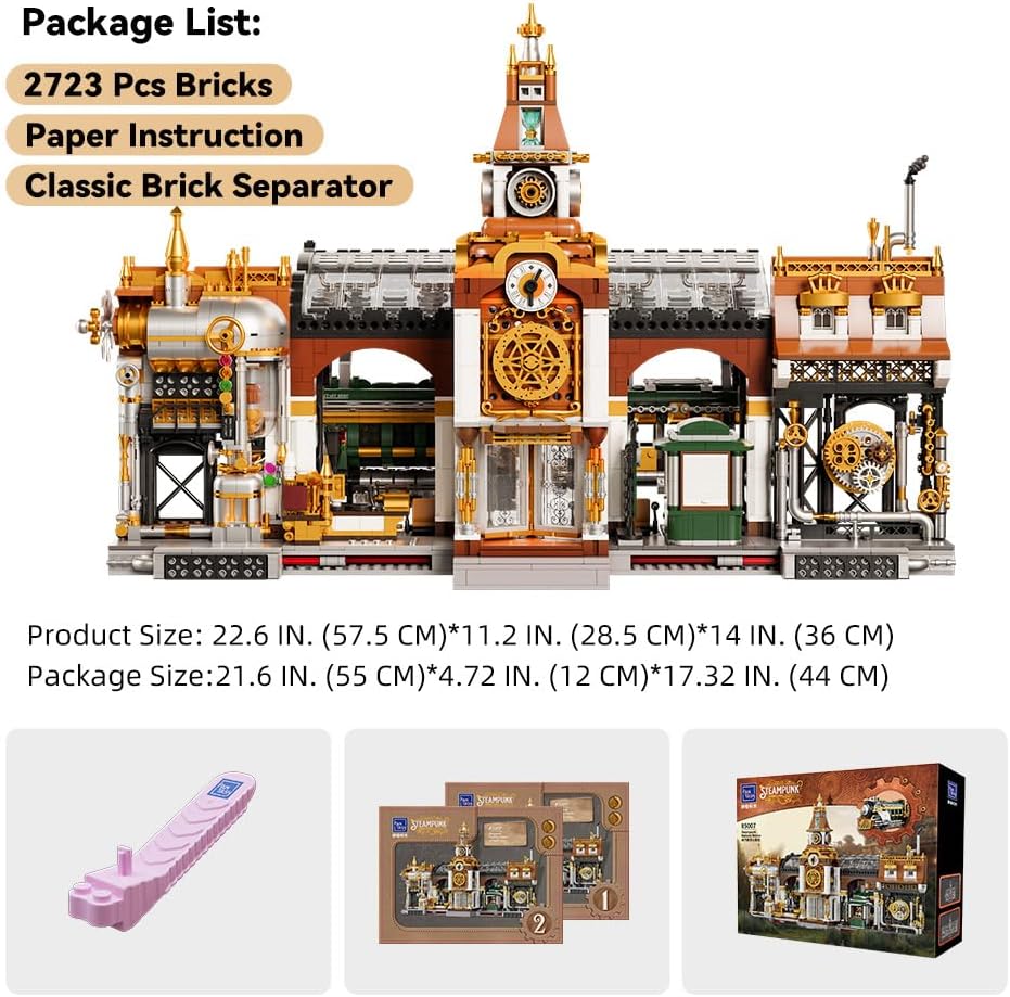 BRICKKK Juego de construcción de arquitectura de la estación de tren, juego de ladrillos de construcción de la estación de tren Steampunk, cuenta