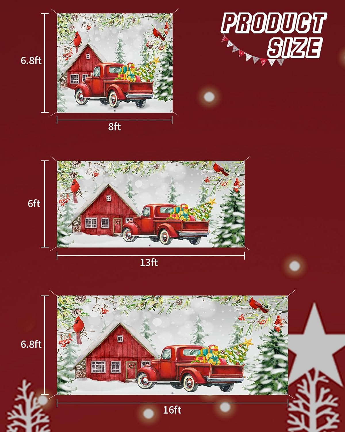 Cartel decorativo para puerta de garaje con 6 anillos de metal, diseño de árbol de Navidad rojo con texto en inglés “Merry Christmas”, cardenales de