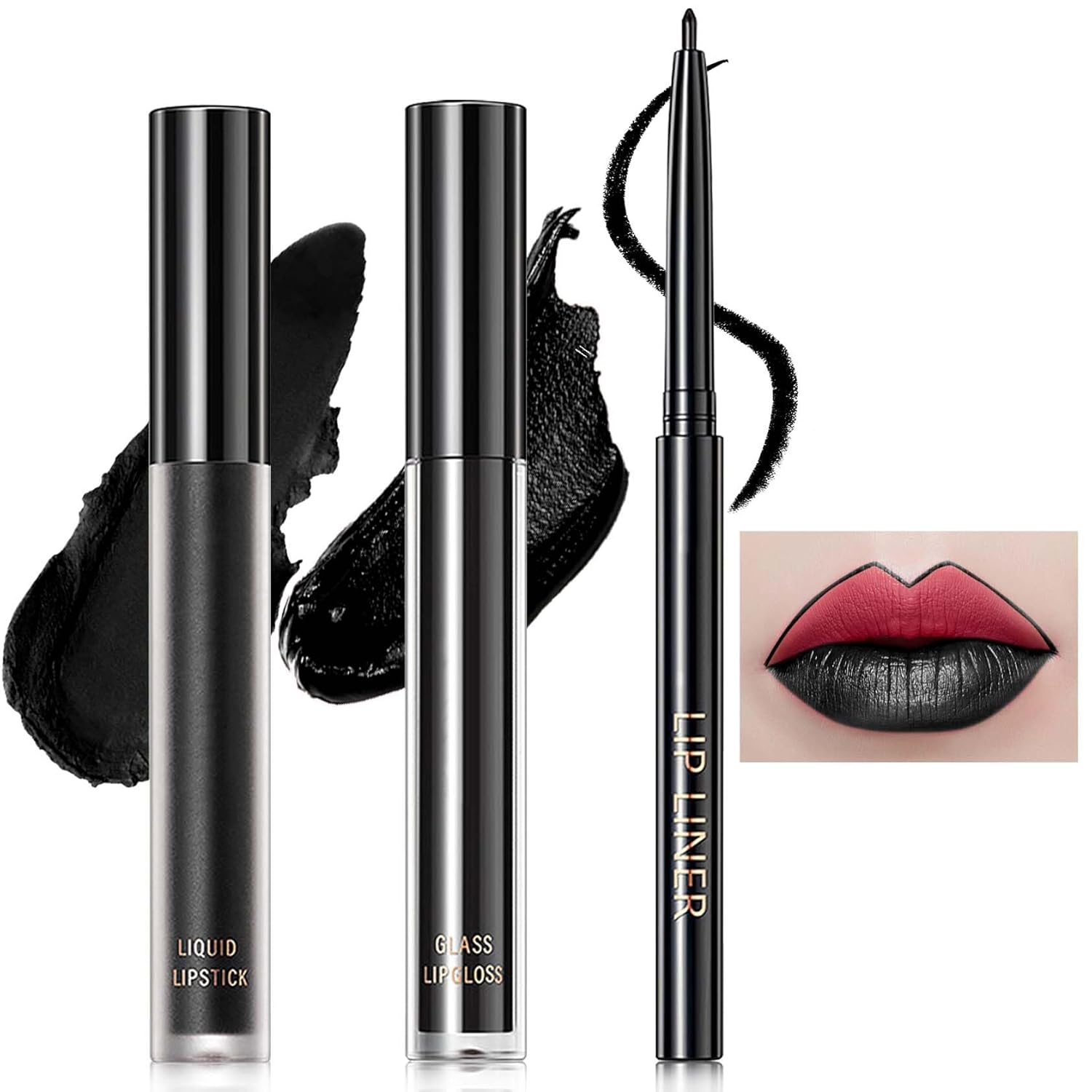 Juego de 3 lápices labiales y delineador de labios líquido mate negro mate, alto pigmentado, brillo de labios, juego de delineadores de labios
