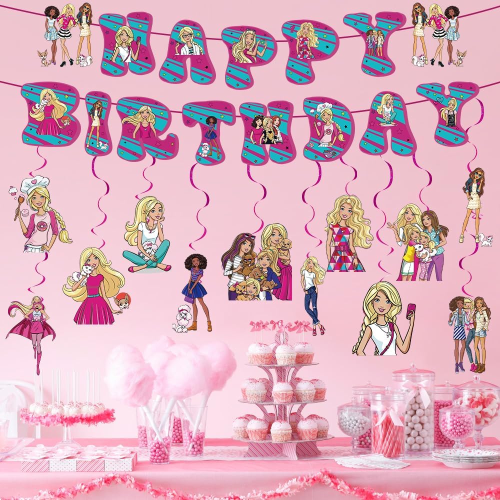 Suministros de fiesta de cumpleaños de ensueño para niñas, pancarta rosa de feliz cumpleaños con 12 espirales colgantes, decoraciones de fiesta rosa