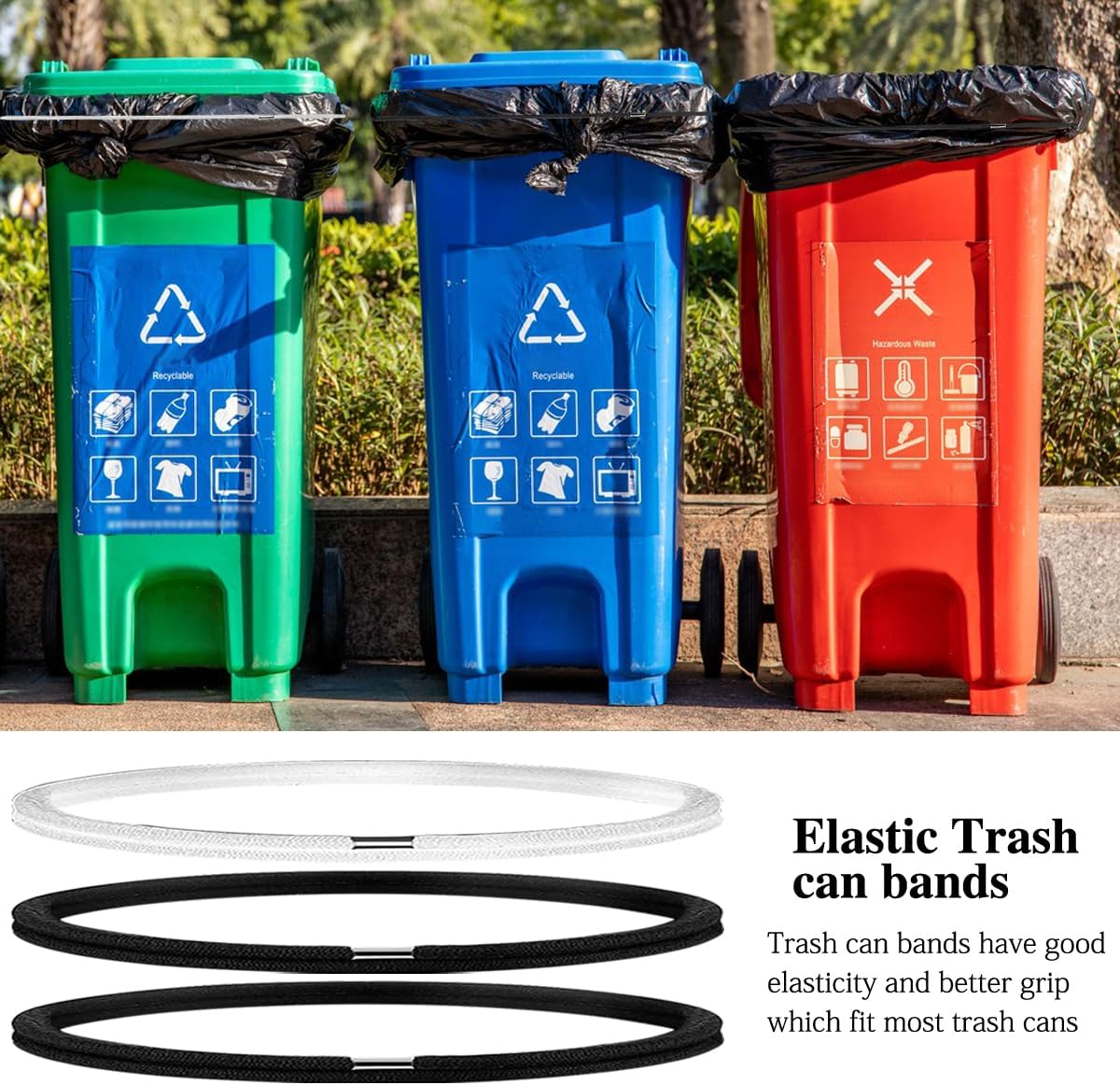 20 bandas de basura para botes de basura, bandas de goma elásticas para cubos de basura de 8 a 33 galones, bandas para contenedores de basura,