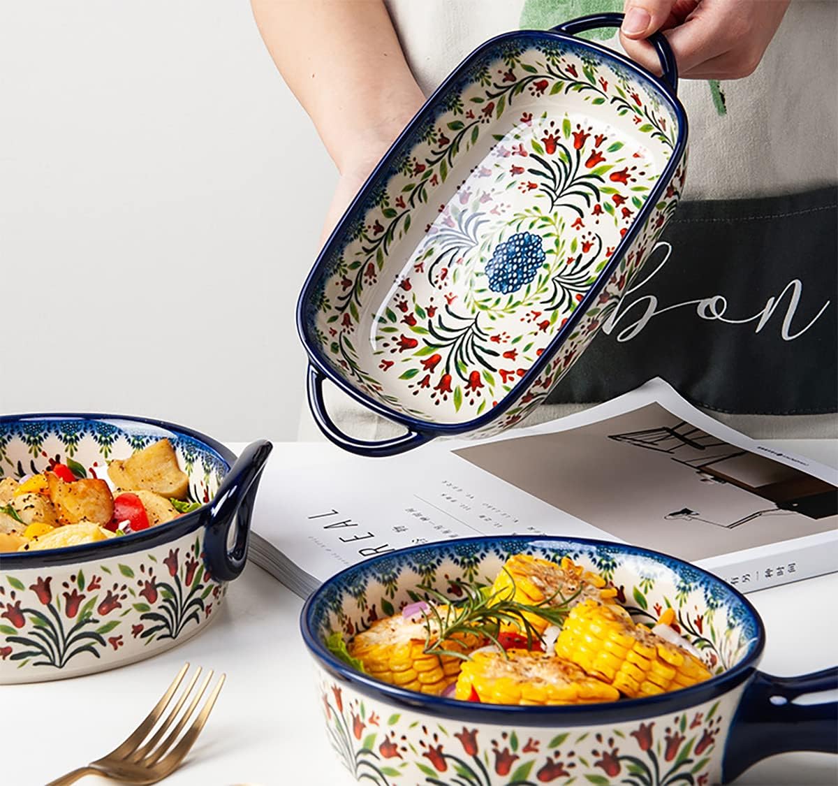 Cacerola de cerámica con patrón de flores de tulipán de estilo vintage, bandeja para hornear lasaña con asas para horno, cocinacocina, 1 unidad, 22