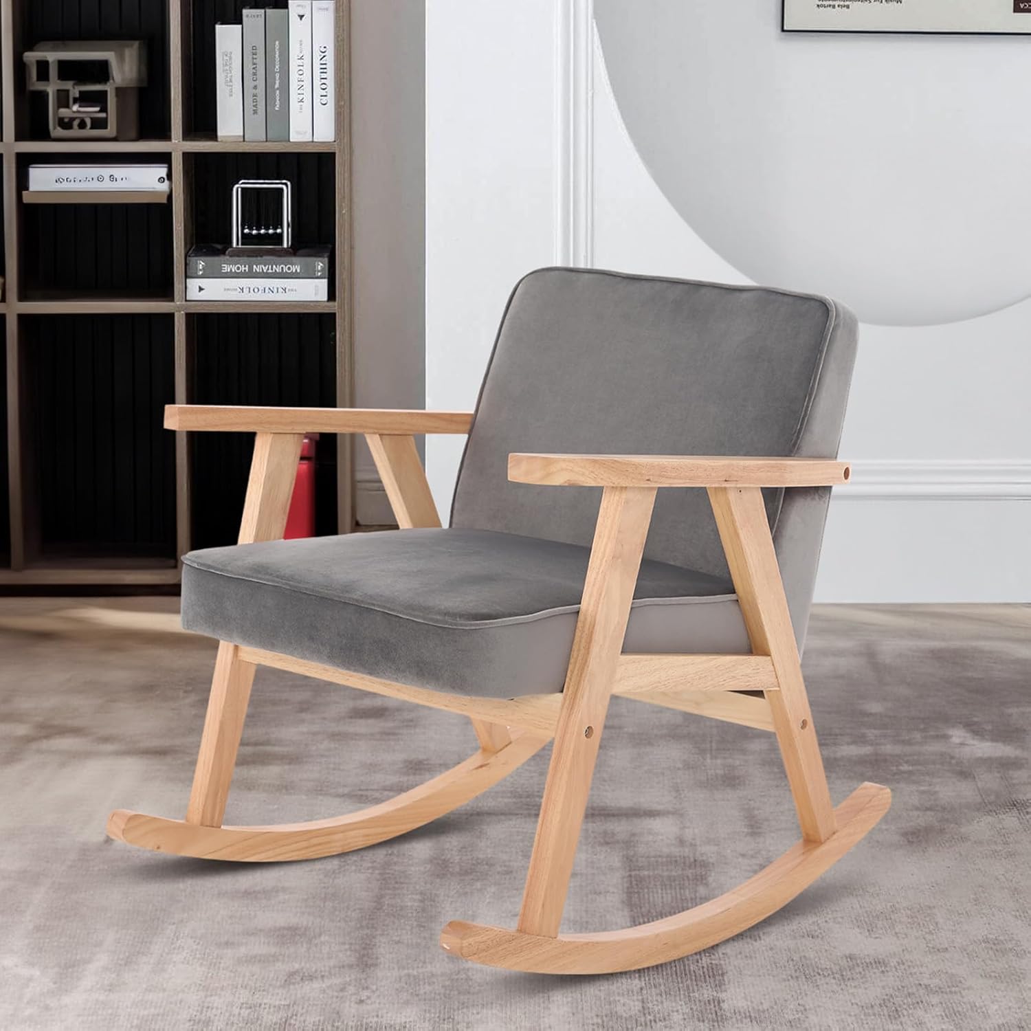 JEEOHEY Mecedora de terciopelo moderno de mediados de siglo, cómoda silla tapizada con brazo deslizante con madera maciza para sala de estar,