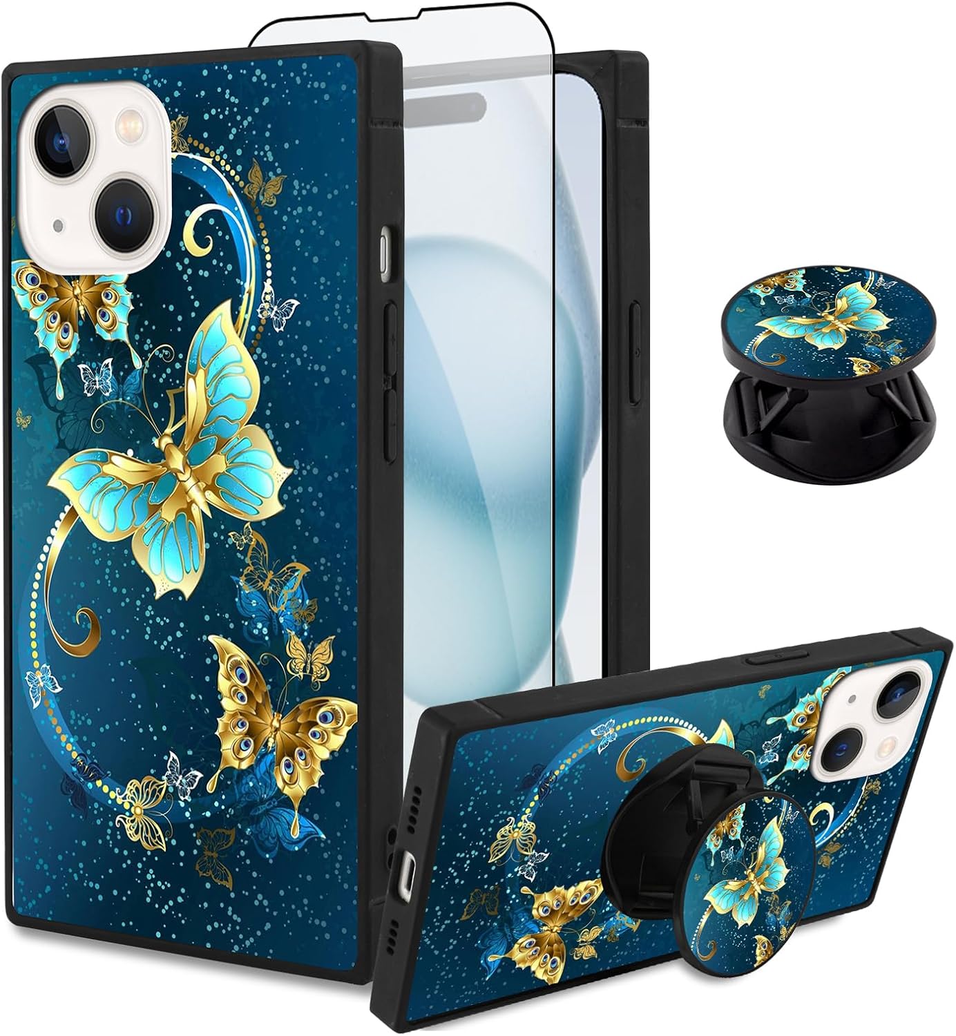 SAKUULO Funda para iPhone 15, protector de pantalla + soporte diseño cuadrado de bonito diseño de mariposa azul, protección de bordes de TPU suave,