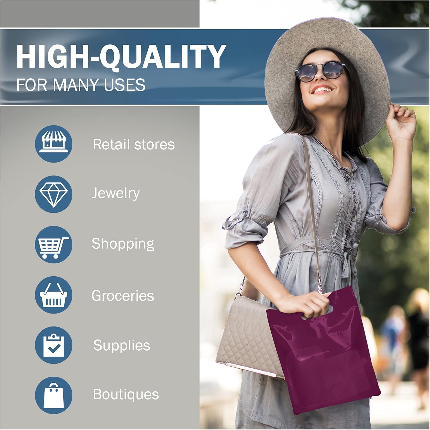 Purple Merchandise – Bolsas de plástico para compras, paquete de 100 unidades de 9 x 12 pulgadas con 1.5 mil de grosor, asas troqueladas, perfectas
