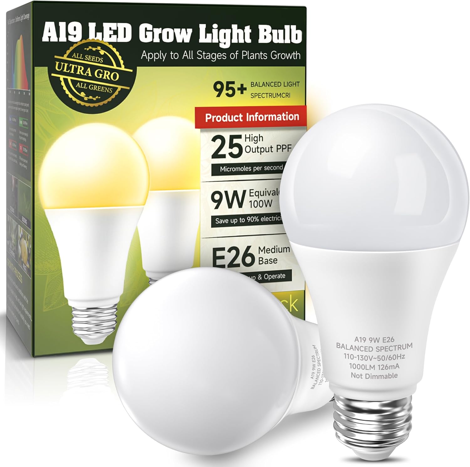 Bombillas de cultivo equivalentes a 100 W, espectro completo, bombillas LED A19 de 9 W para crecimiento, base E26 de 3000 K, luz de cultivo para
