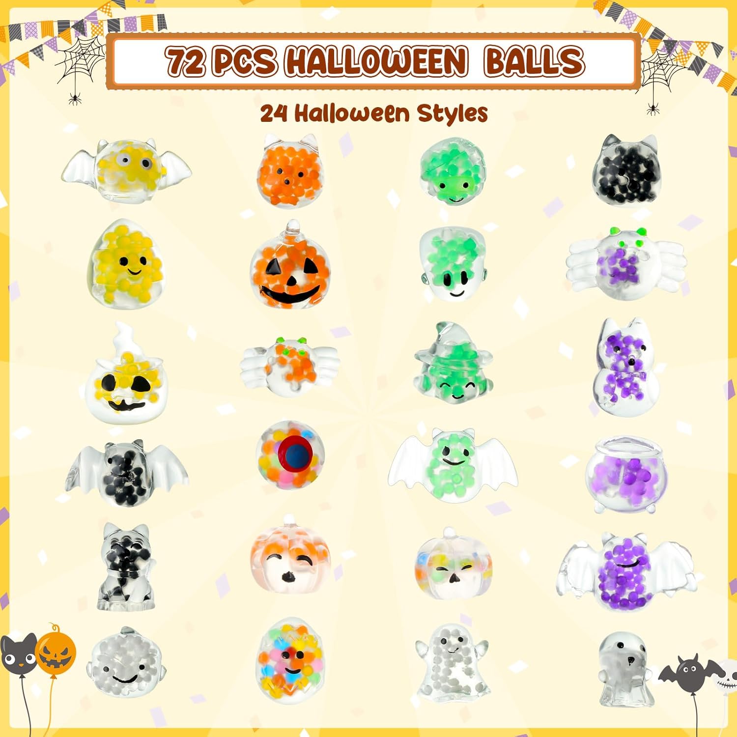 72 piezas de juguetes de Halloween, animales marinos, mini bolas estrujables, recuerdos de fiesta, kawaii, mini bolas antiestrés, juguetes novedosos