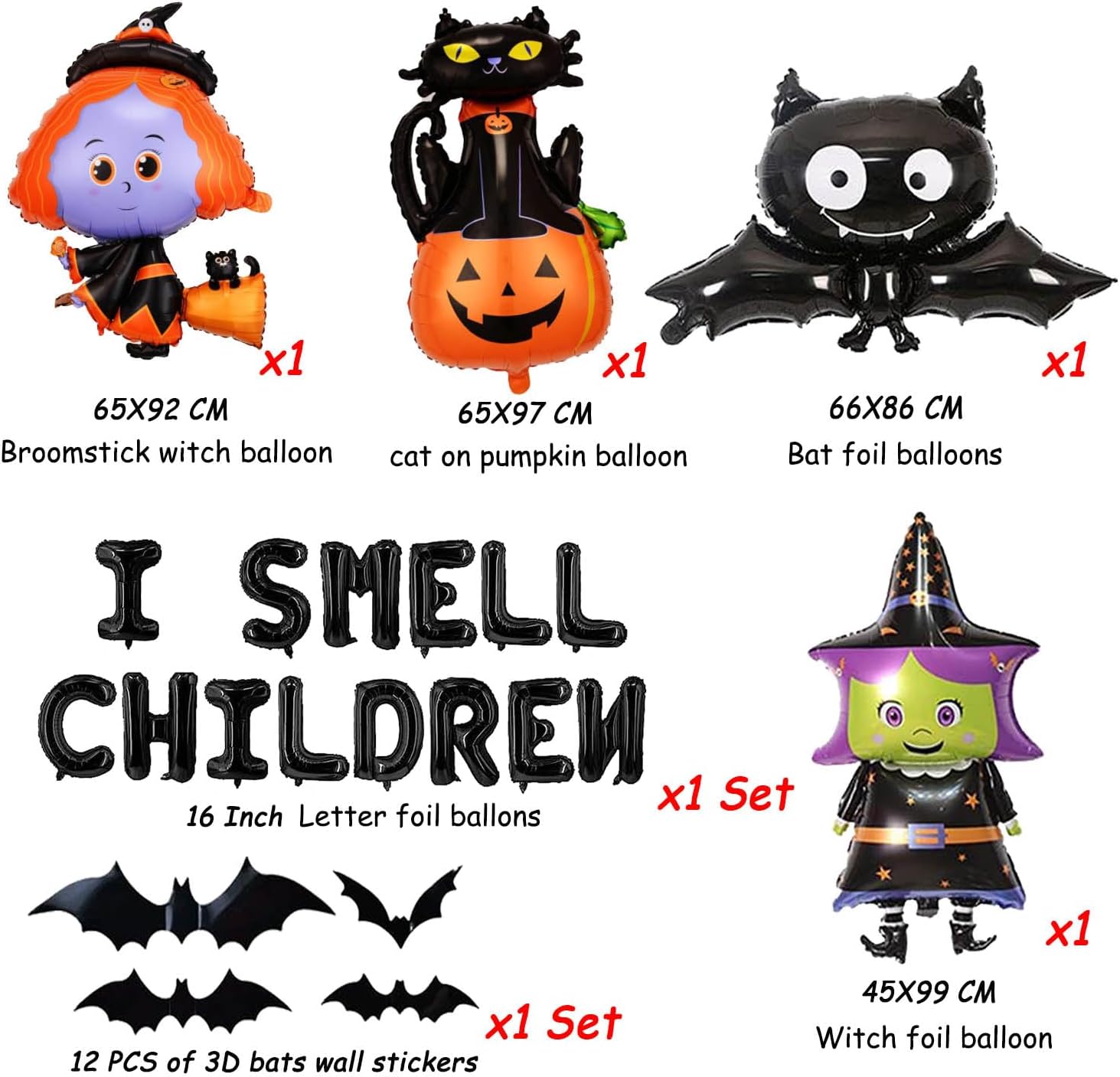 Cartel de globos con texto en inglés “I Smell Children”, decoración de fiesta de bruja de Halloween con I Smell Children Balloons Black Cat Witches
