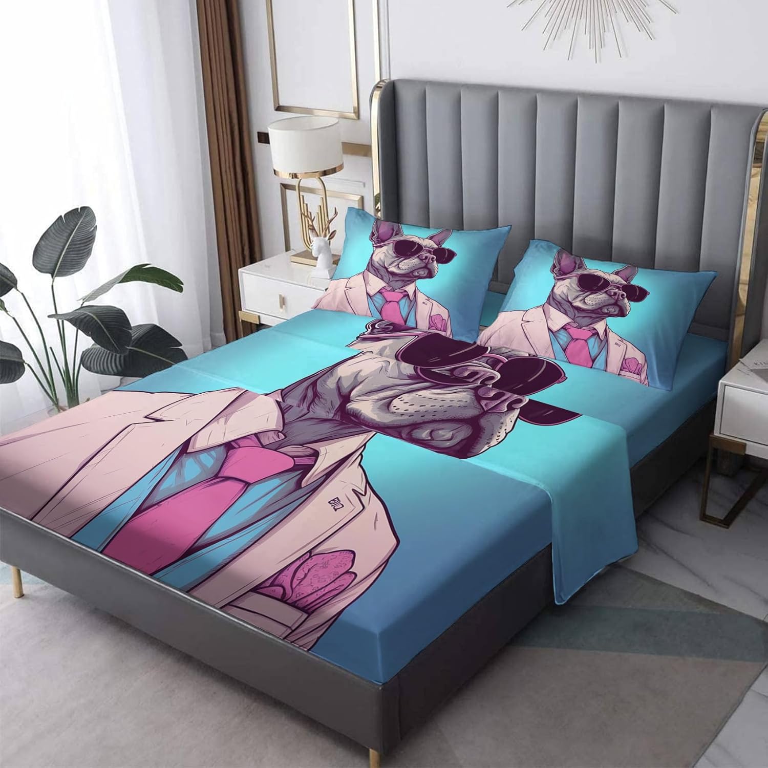 Bulldog Sábanas tamaño California King, divertidas sábanas para perro, sábanas y fundas de almohada estampadas de 4 piezas, sábana bajera ajustable