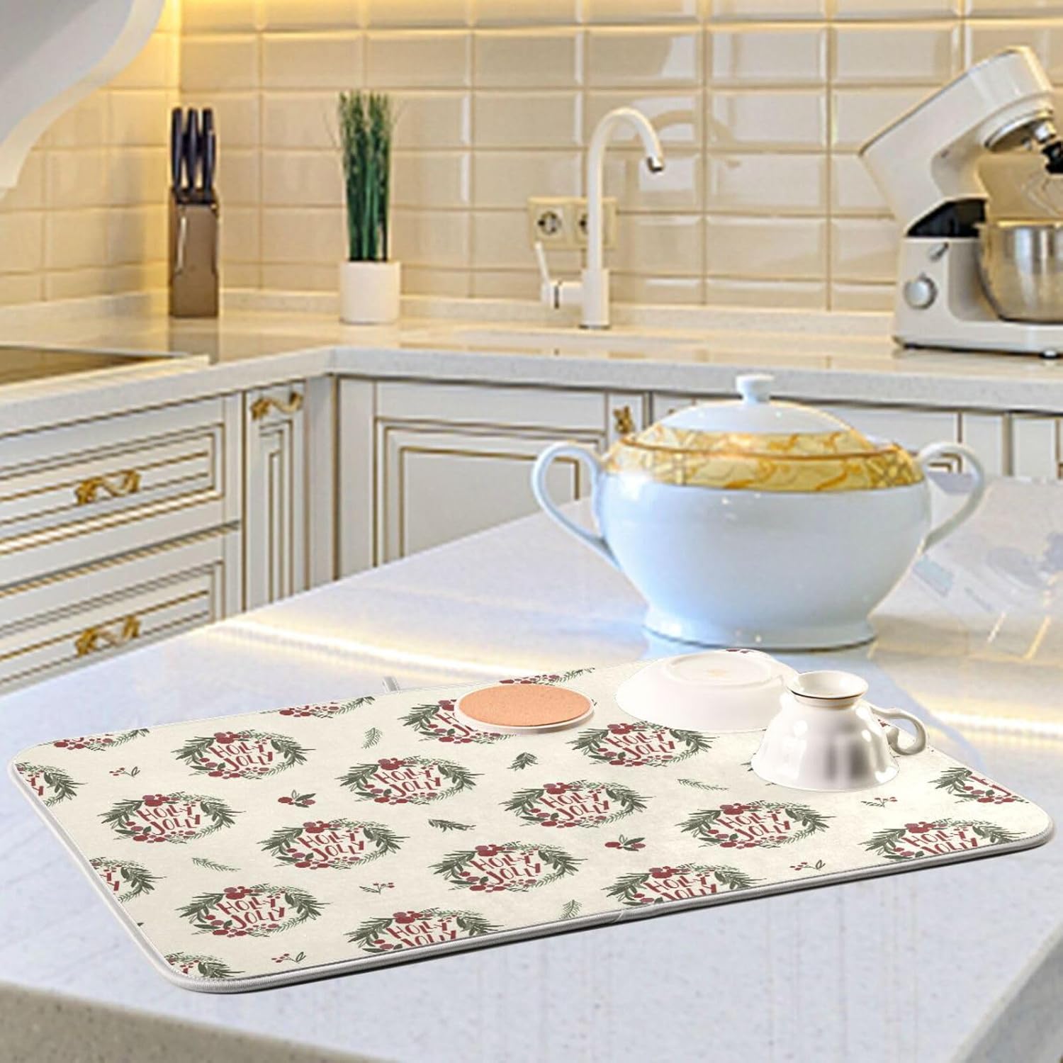 Christmas Wreath Drying Dish Mat Washnable Absorbent Counter Mat Kitchen Dish Drainers Mat Tapete Para Cocina 16” x 18”