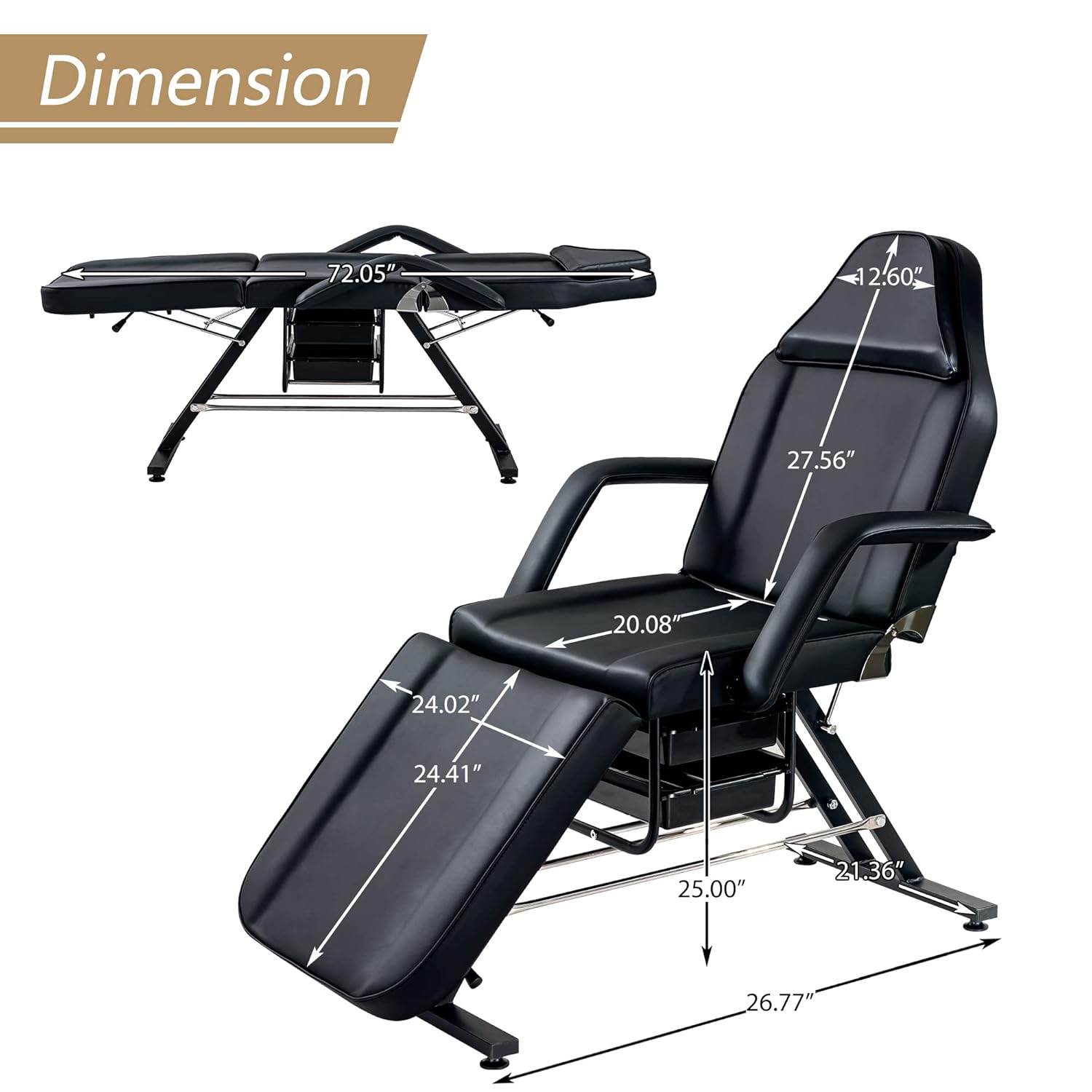 Cama de masaje de salón con taburete, Silla de mesa de masaje facial de spa de belleza de 73 pulgadas, sillas de tatuaje ajustables de 3 secciones,