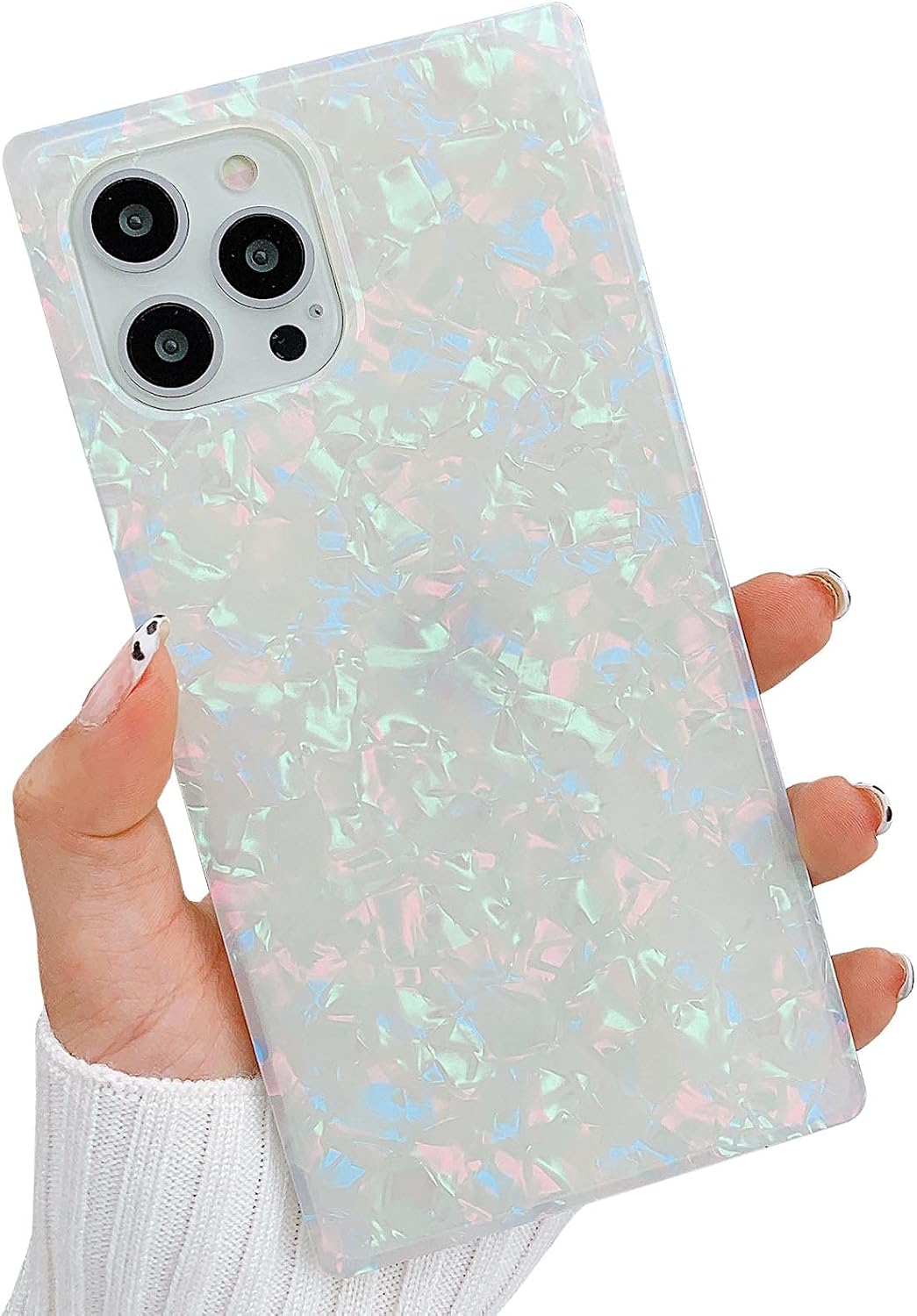 KERZZIL Funda rectangular de lujo compatible con iPhone 12 Pro Max, funda delgada con purpurina brillante, patrón de perla de poliuretano