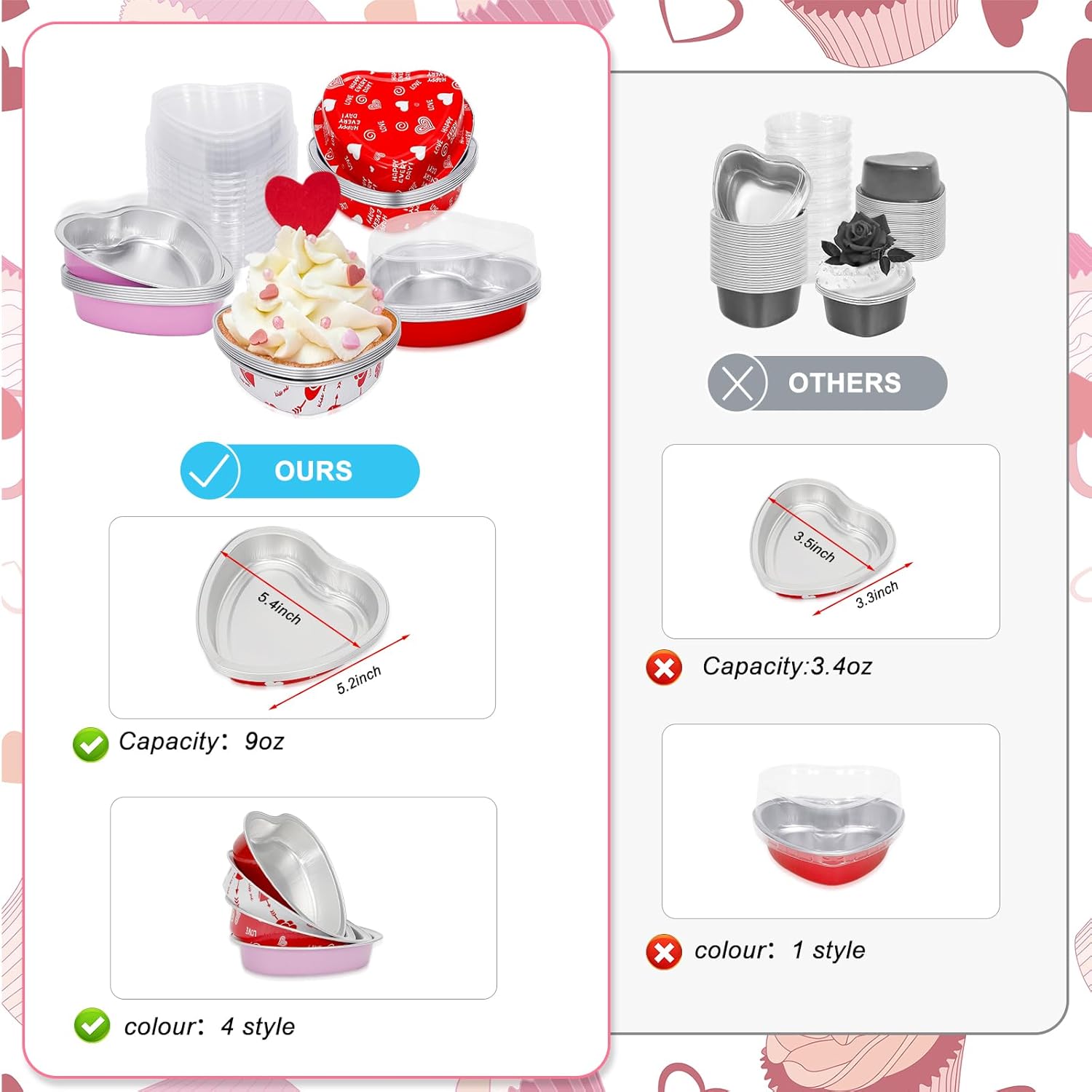Juego de 24 moldes para pasteles con tapa en forma de corazón para el día de San Valentín, 8.6 fl oz9 onzas, desechables, mini tazas de papel de