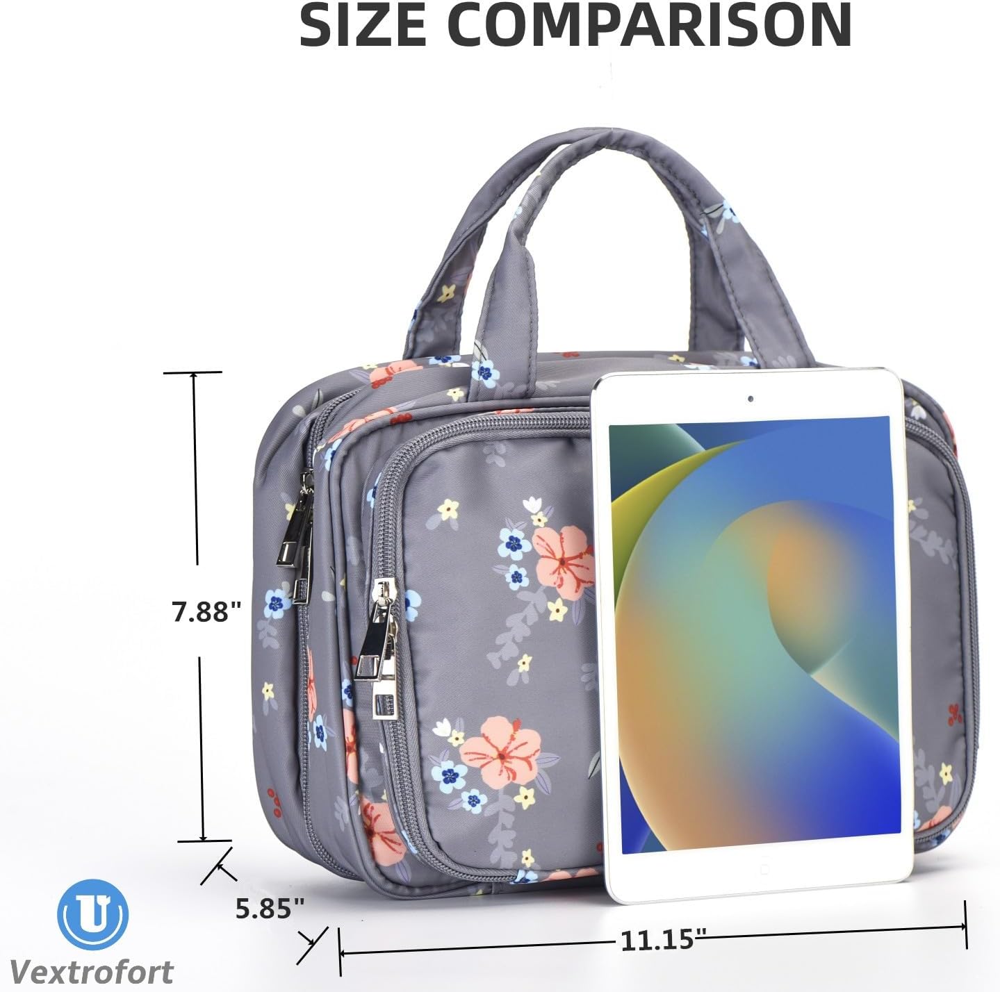 Neceser para mujer, bolsa de maquillaje de viaje colgante grande, resistente al agua para artículos de tocador, cosméticos, cepillos, Flor gris-V2,
