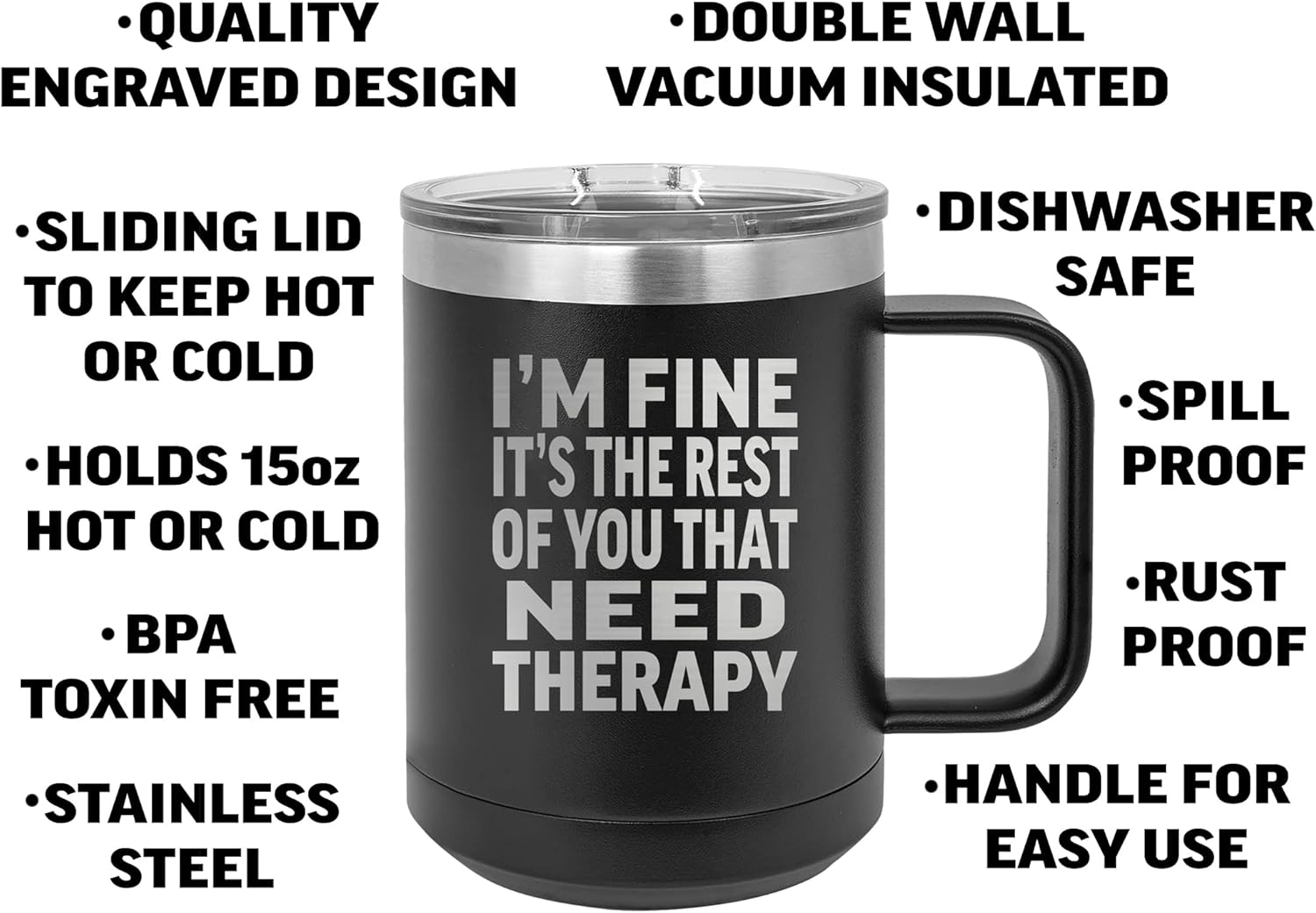 Rogue River Tactical Divertida taza de café negra de acero inoxidable resistente con tapa, con texto en inglés “I’M Fine It’s The Rest Of You That