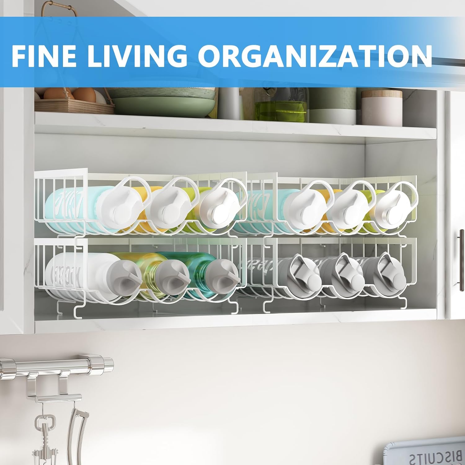Paquete de 4 organizadores apilables para botellas de agua para gabinete. Soporte para botellas de agua para cocina, refrigerador y despensa,