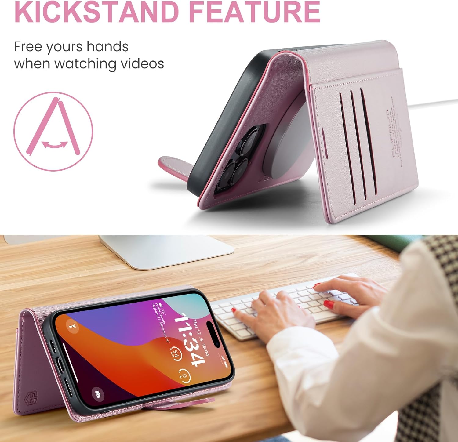 FLIPALM Funda magnética con logotipo para iPhone 14 Pro Max con bloqueo RFID, soporte para tarjetas de crédito, compatible con MagSafe piel