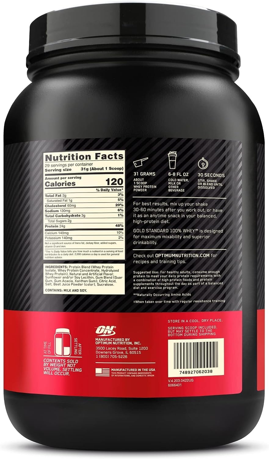 Optimum Nutrition (ON) Gold Standard 100% proteína de suero de leche en polvo aislado de fuente primaria, 0.91 onzas de proteína para apoyo muscular
