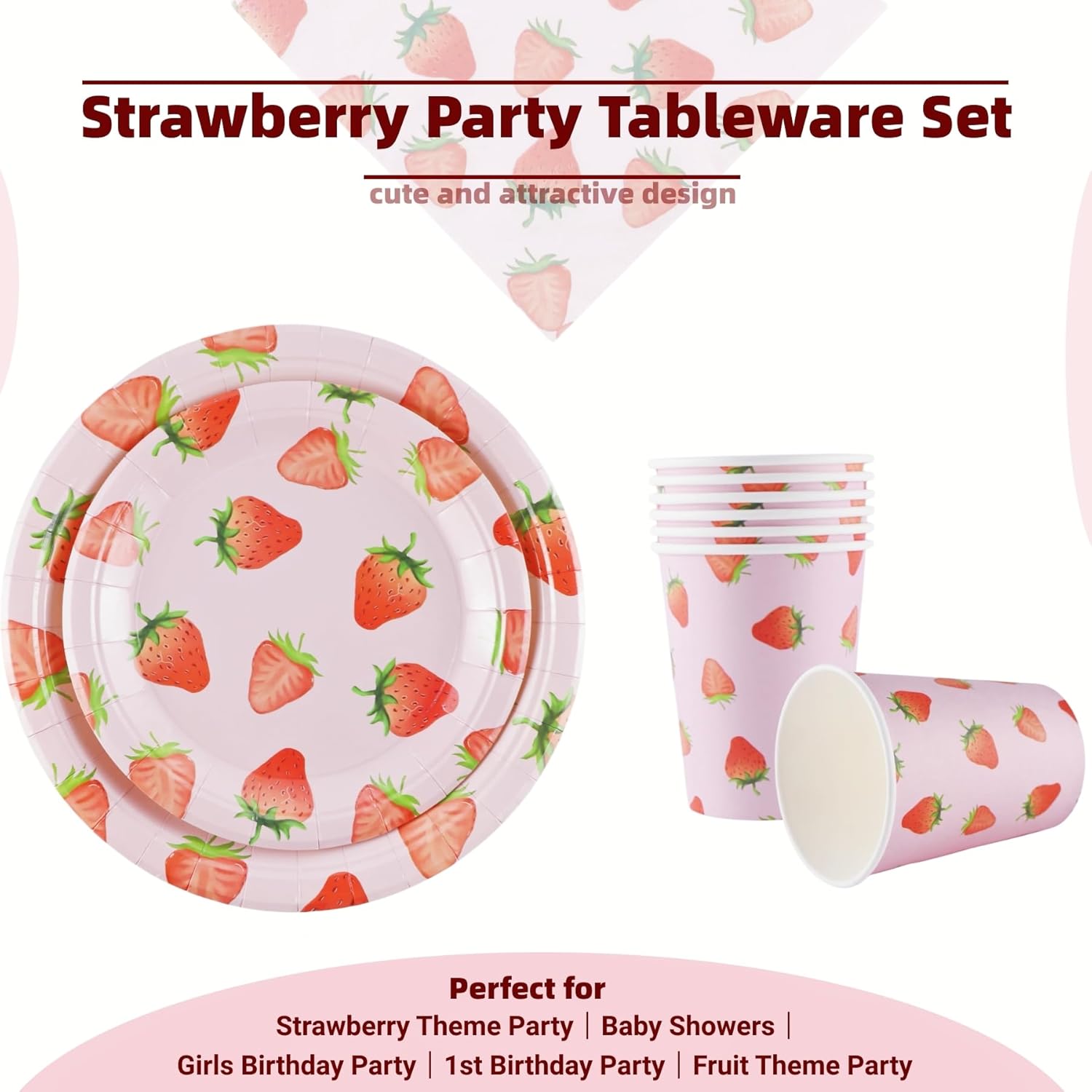 Juego de vajilla de fiesta de fresa, 200 piezas de suministros para fiesta de cumpleaños, platos de papel desechables de fresa, platos de cena,