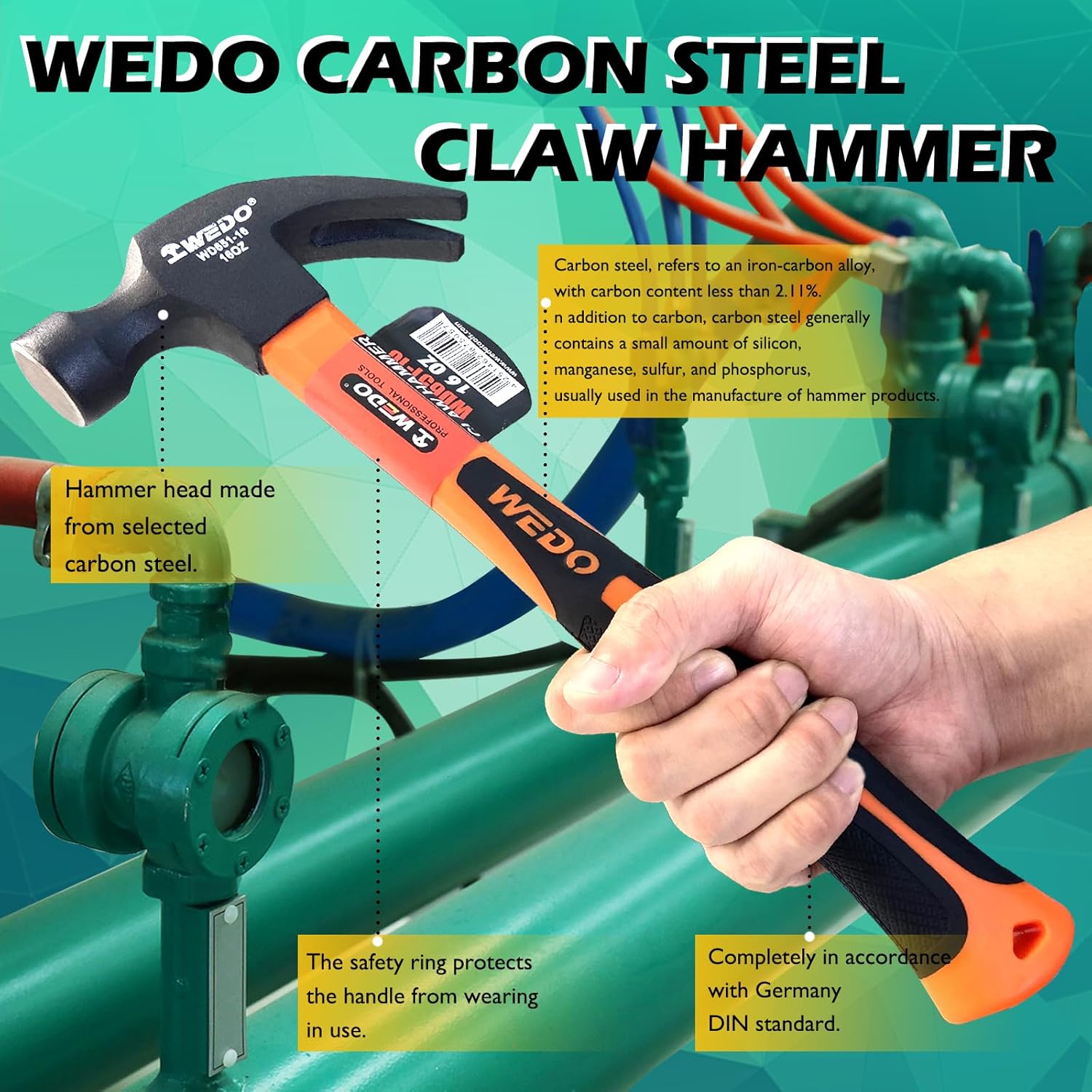 WEDO Martillo de garra de 8 onzas, martillo de marco con asas de fibra de vidrio, cabeza de acero de alto carbono, longitud 10.630 in, resistente a